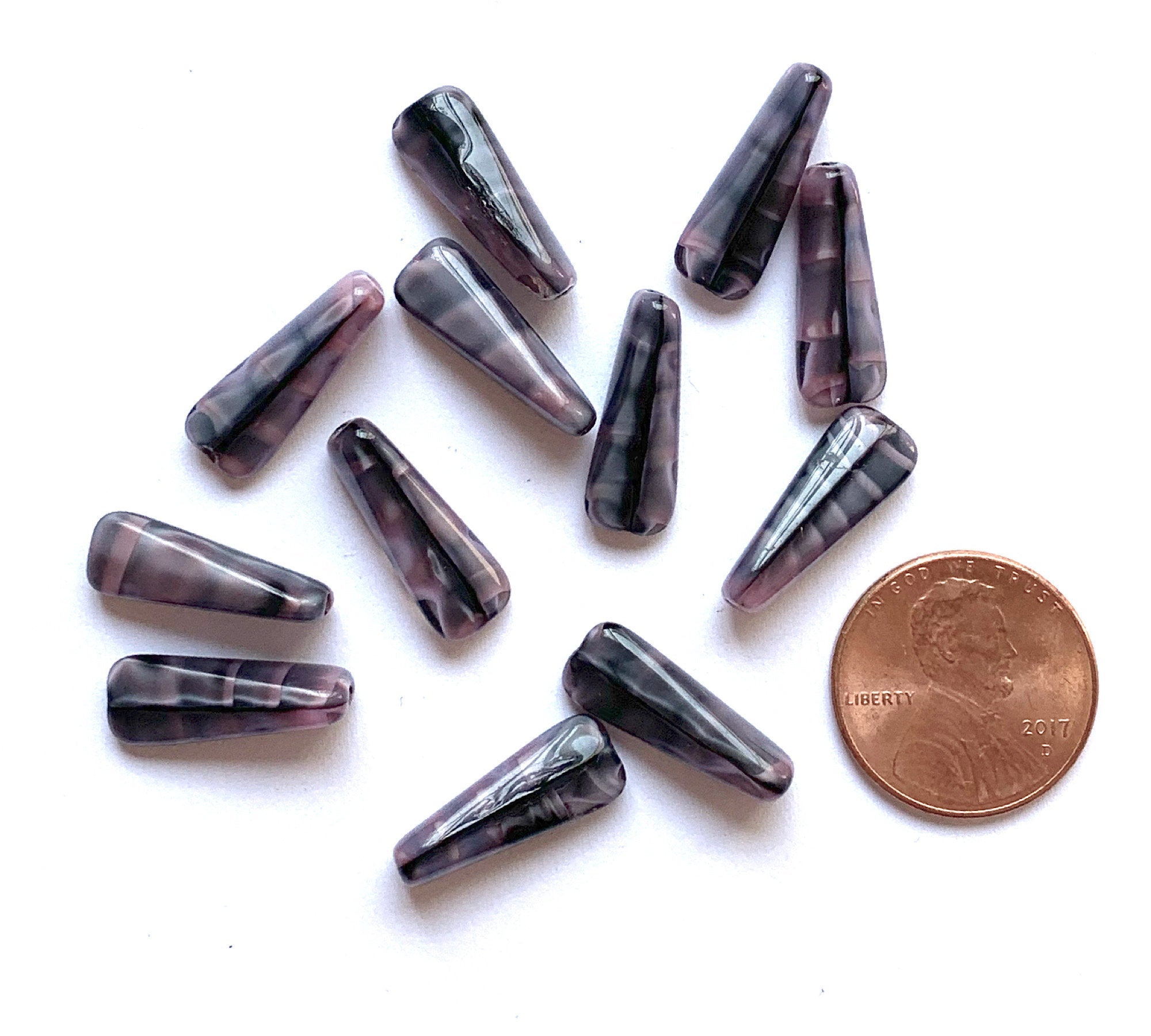 15 Czech glass triangle tube beads - 6 x 17mm marbled, striped pink & gray wedge shaped tube beads C0721