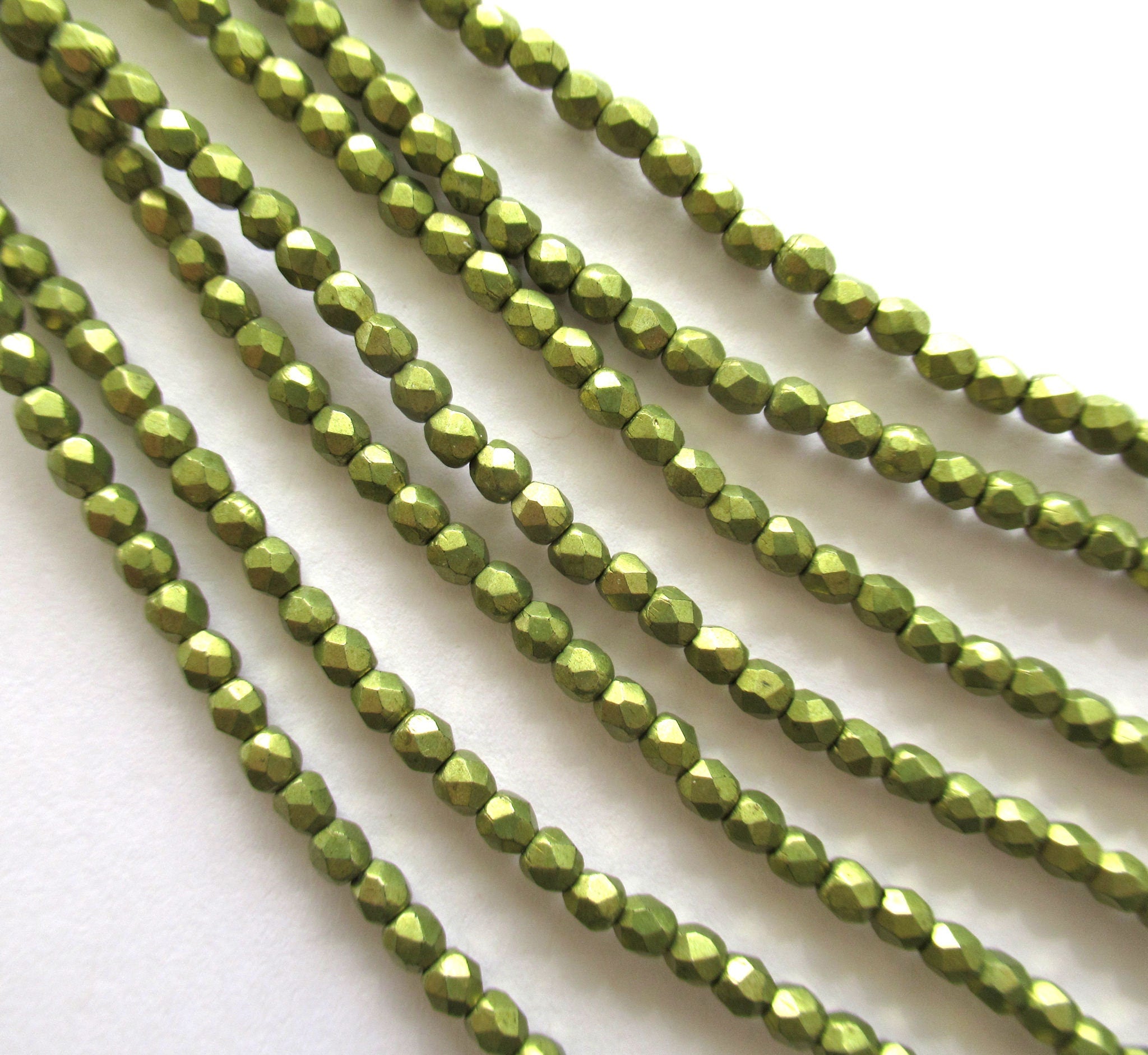Lot of 50 3mm Czech glass beads - Meadowlark saturated metallic chartreuse or olivine fire polished faceted round beads - C0043