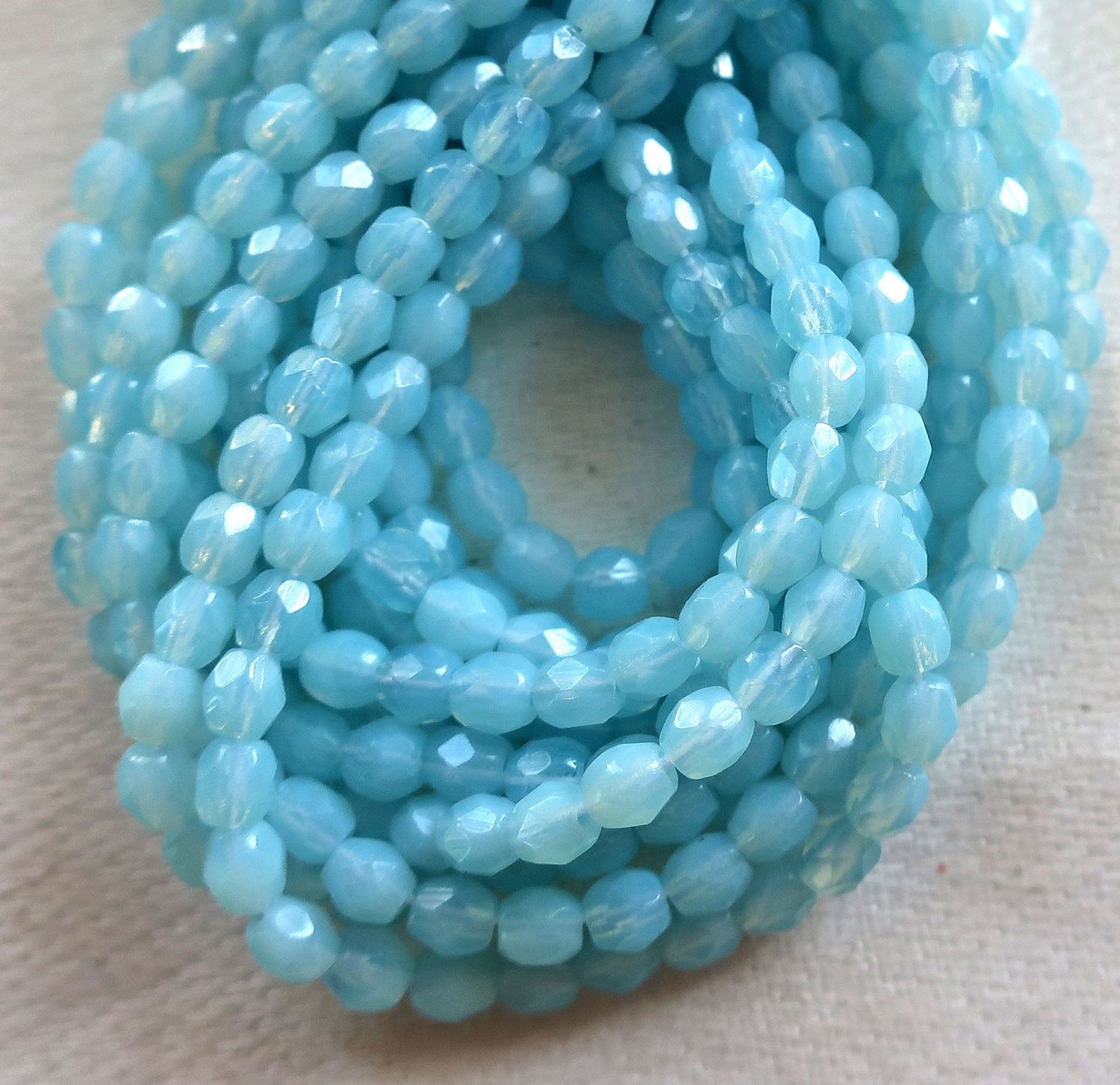 Lot of 50 3mm Milky Baby Blue Czech glass faceted, firepolished, Milky Aquamarine beads C8450 - Glorious Glass Beads