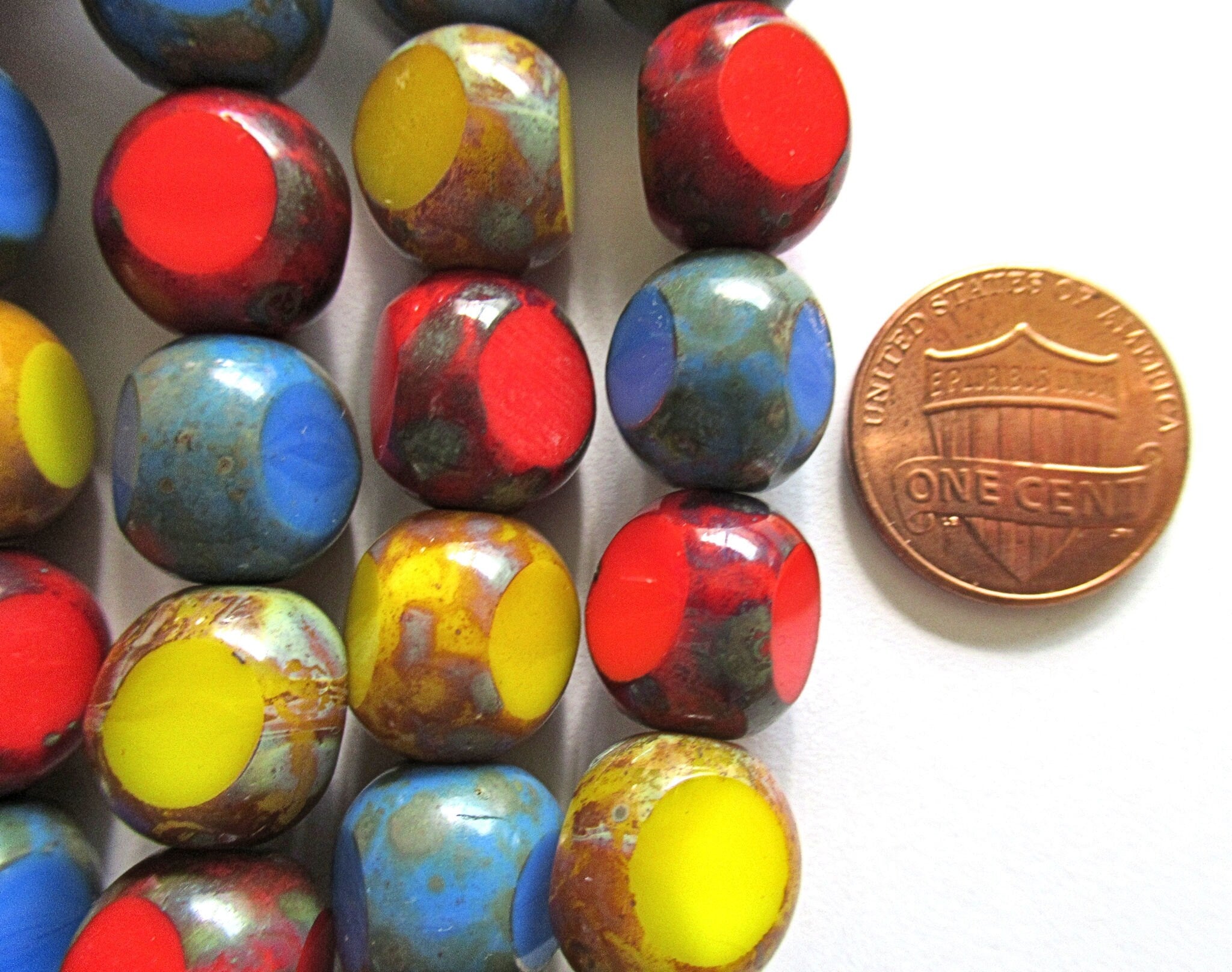 Twenty 12mm Czech glass beads - table cut Tri-cut opaque red blue yellow color mix with a picasso finish window beads - C00424
