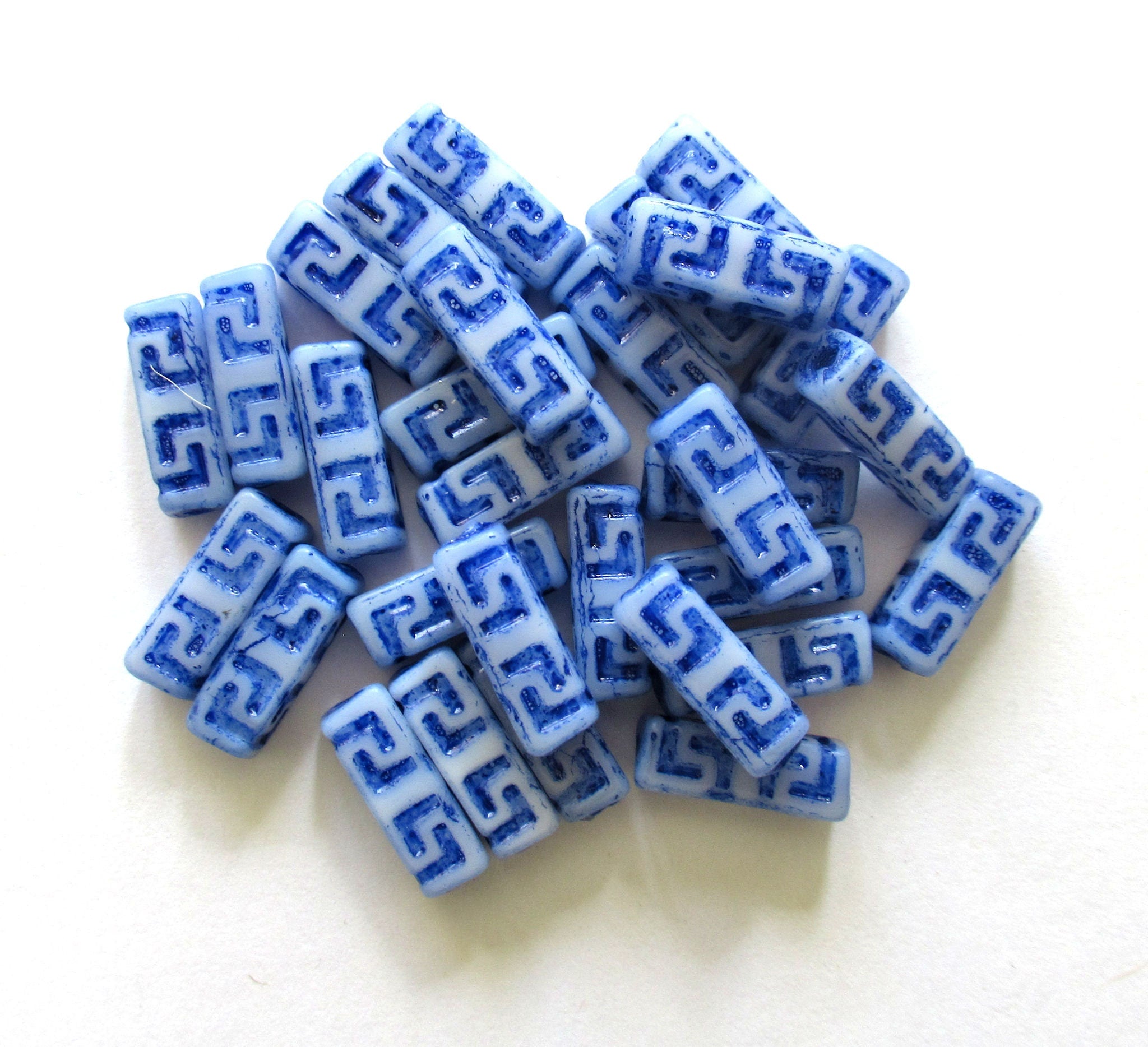 12 Czech glass beads - squared tube beads - Celtic block beads - white with a blue wash - 15 x 5mm C0045