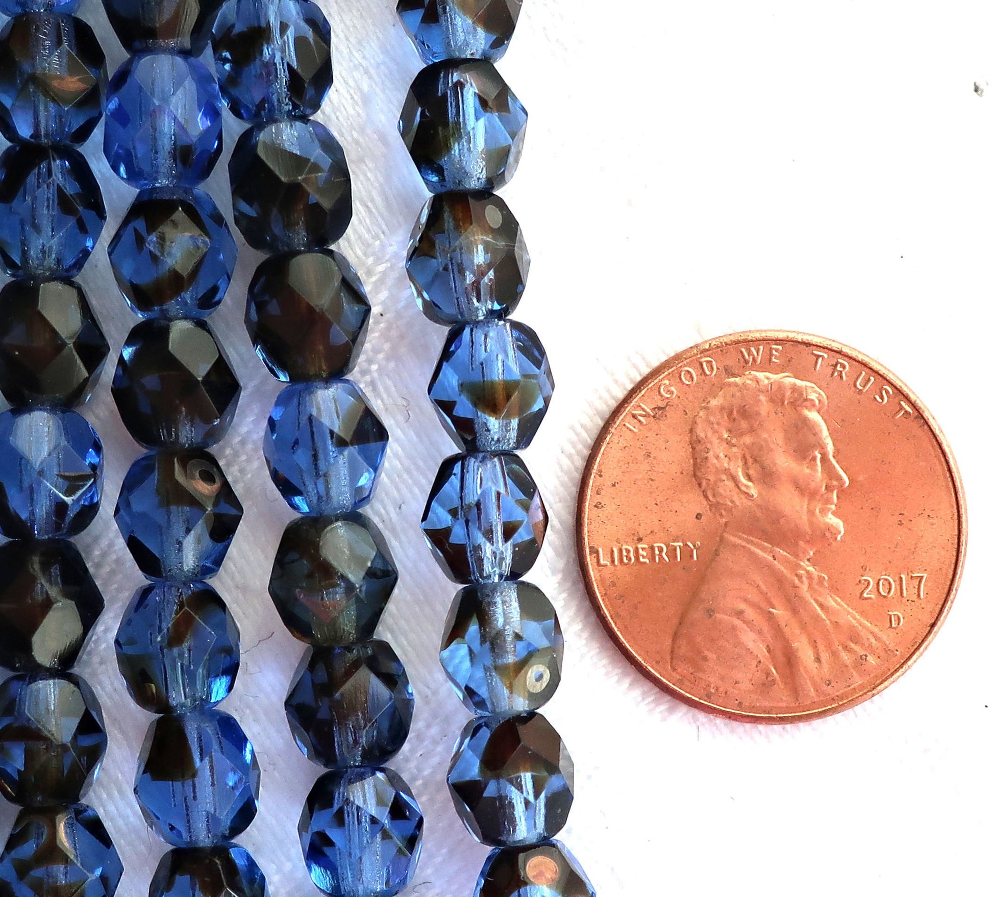 25 6mm round faceted firepolished Czech glass beads - Tortoise Shell, Tortoiseshell sapphire blue - brown Y blue mix - C7425 - Glorious Glass Beads