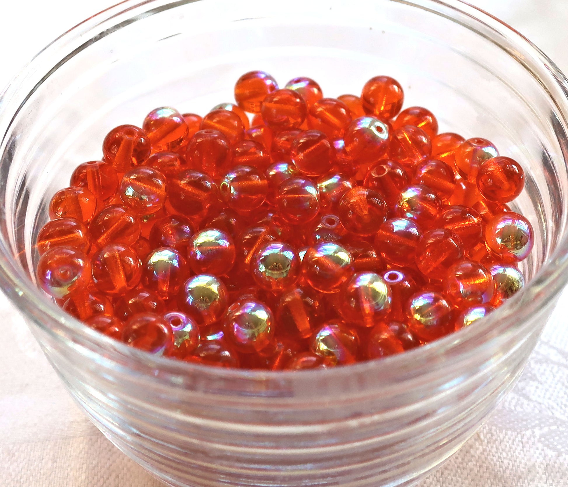 Lot of 25 8mm Hyacinth Orange AB smooth round druk beads, Czech glass druks C4325 - Glorious Glass Beads