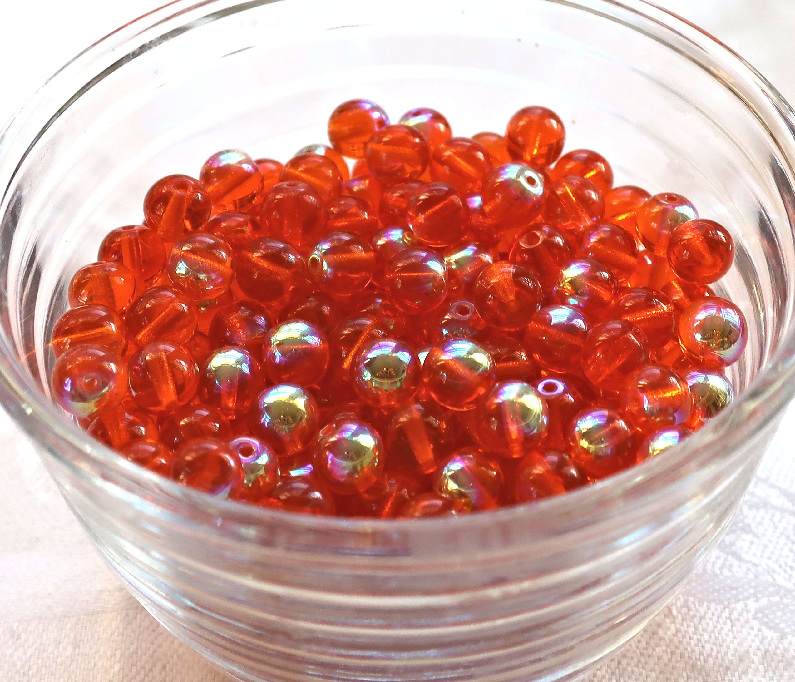 Lot of 25 8mm Hyacinth Orange AB smooth round druk beads, Czech glass druks C4325 - Glorious Glass Beads