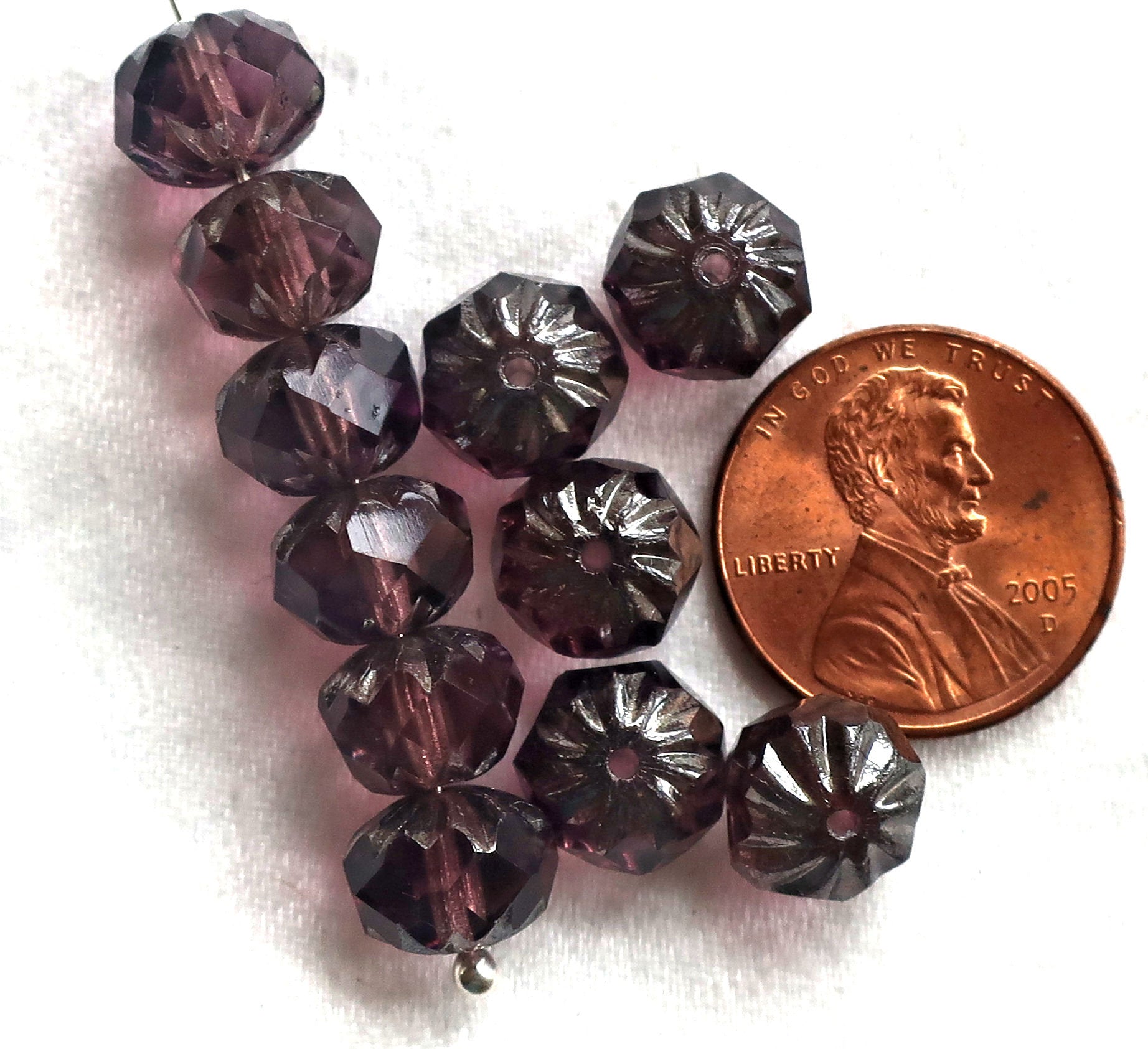 Ten Czech glass faceted cruller beads, 7 x 10mm transparent amethyst. purple and pink mix, sale price 03101 - Glorious Glass Beads