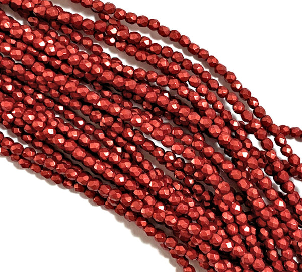 Lot of 50 3mm saturated metallic cherry tomato red Czech glass beads, round, faceted fire polished beads C0076