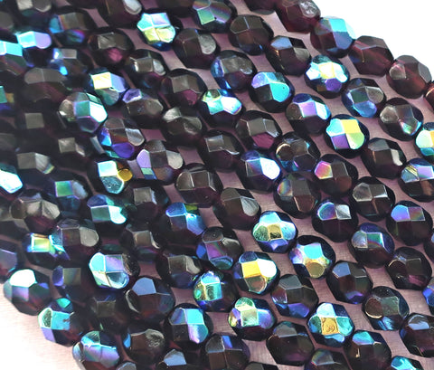 Lot of 25 6mm Dark Amethyst AB, purple, Czech glass firepolished faceted round beads C8401 - Glorious Glass Beads