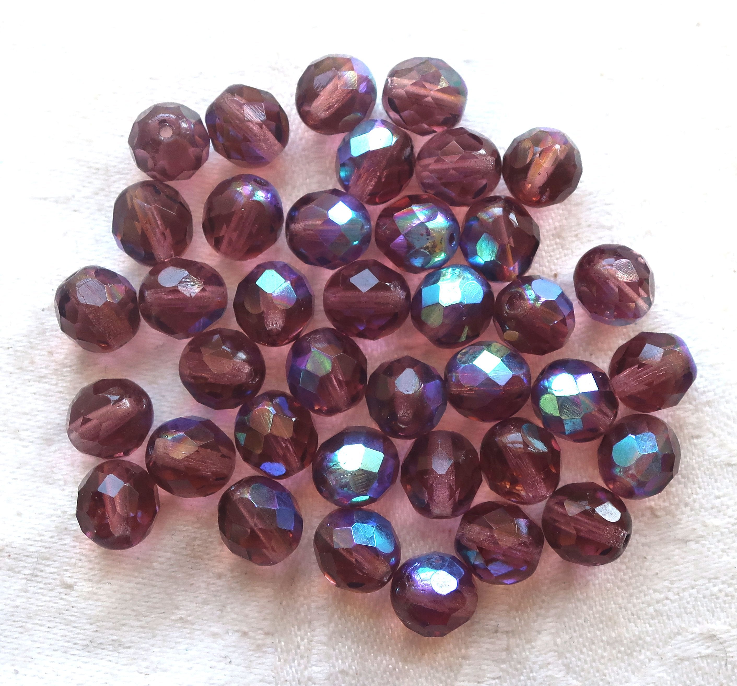 Lot of 25 8mm Medium Amethyst, Purple AB Czech glass beads, firepolished faceted round glass beads C1650 - Glorious Glass Beads