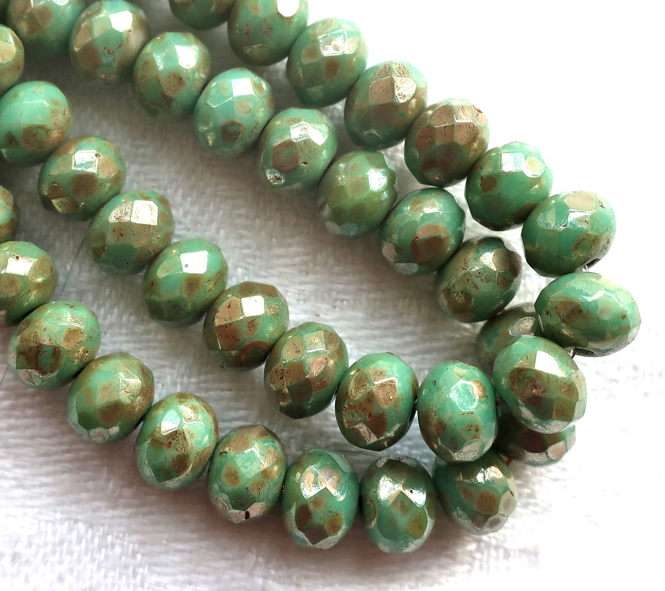Lot of 25 Czech glass puffy rondelles - Opaque Light Turquoise Green Bronze Picasso faceted rondelle or donut beads - 5 x 7mm C00201 - Glorious Glass Beads
