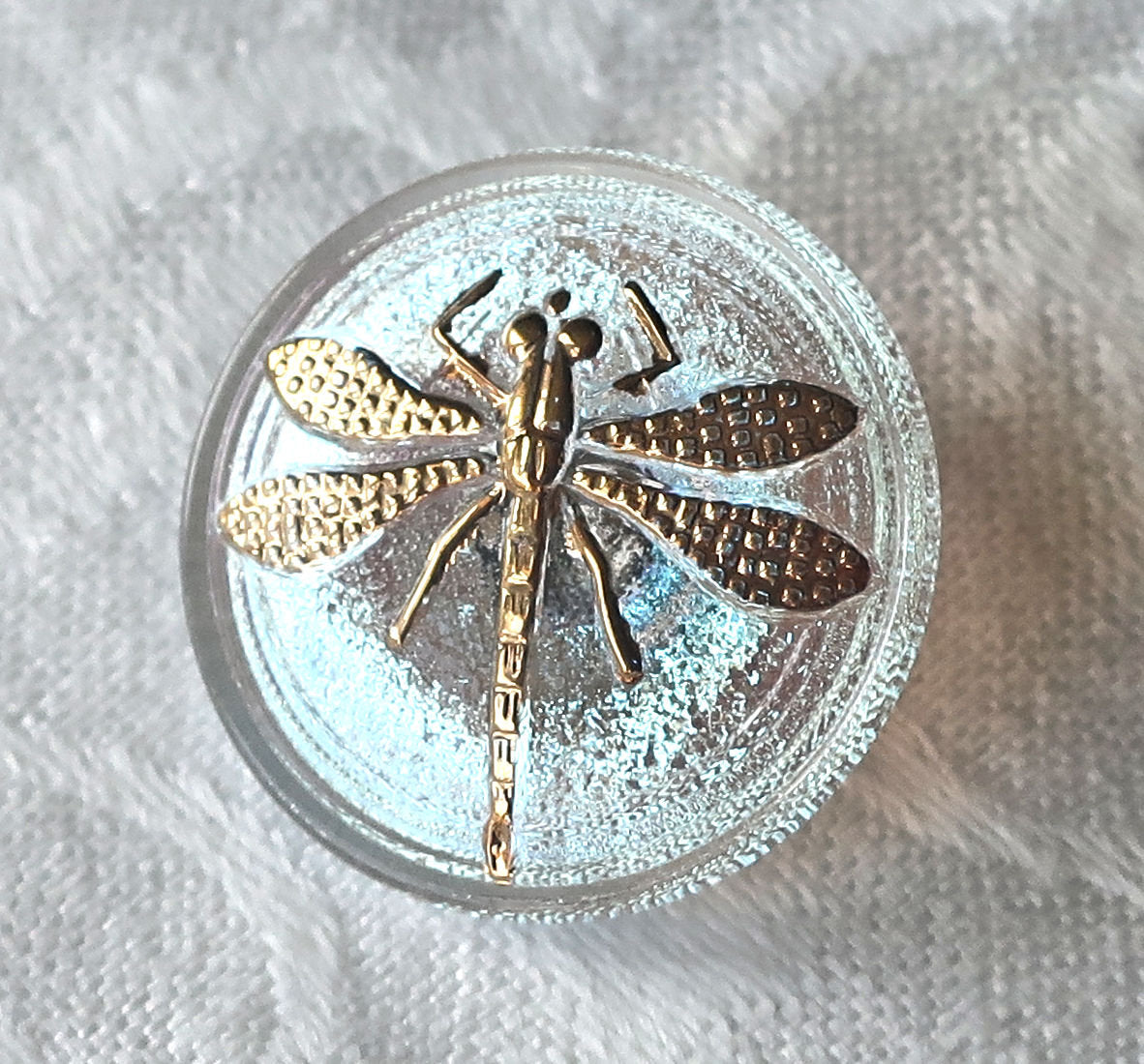 One 22mm Czech glass button - Crystal AB with a gold dragonfly - decorative shank buttons 84201