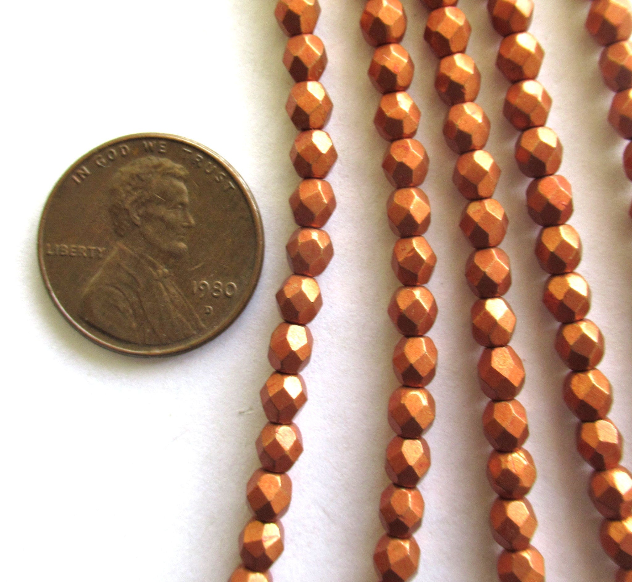50 4mm Czech glass beads - saturated metallic russet orange round, faceted fire polished beads C0034