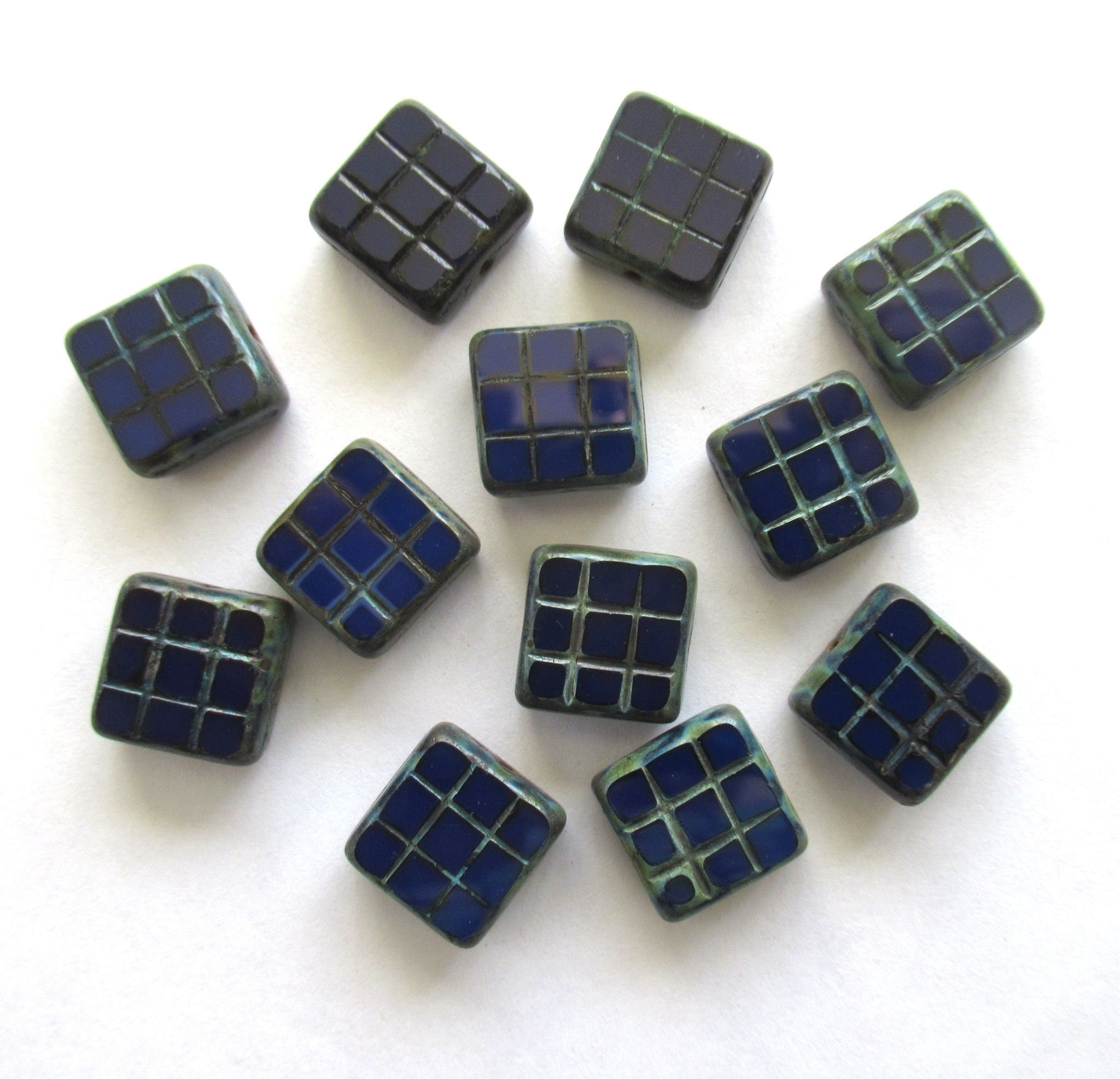 Six large 13 x 13mm square table cut carved Czech glass beads - 6mm thick opaque dark navy blue picasso beads - 00991