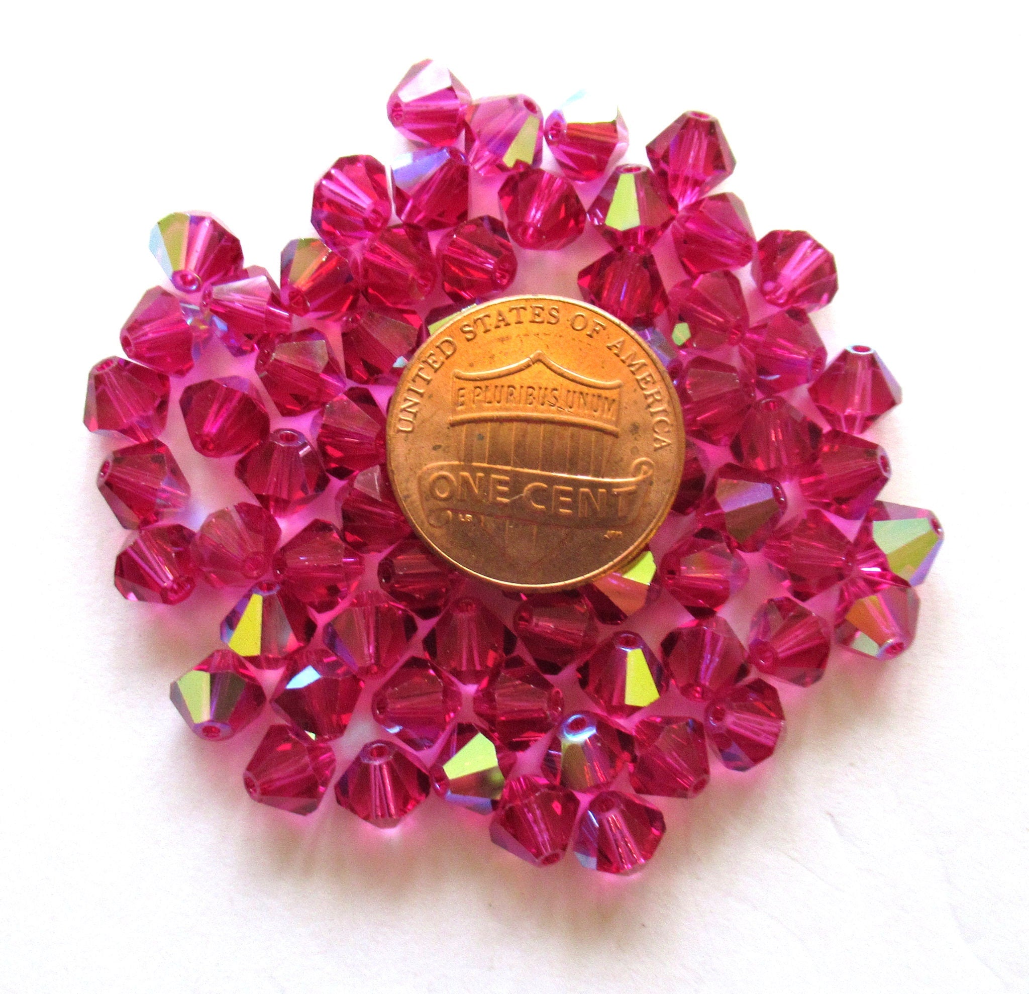 Lot of 24 6mm Czech glass Preciosa Crystal bicone beads - bright fuchsia pink AB - hot pink faceted glass bicones C00221