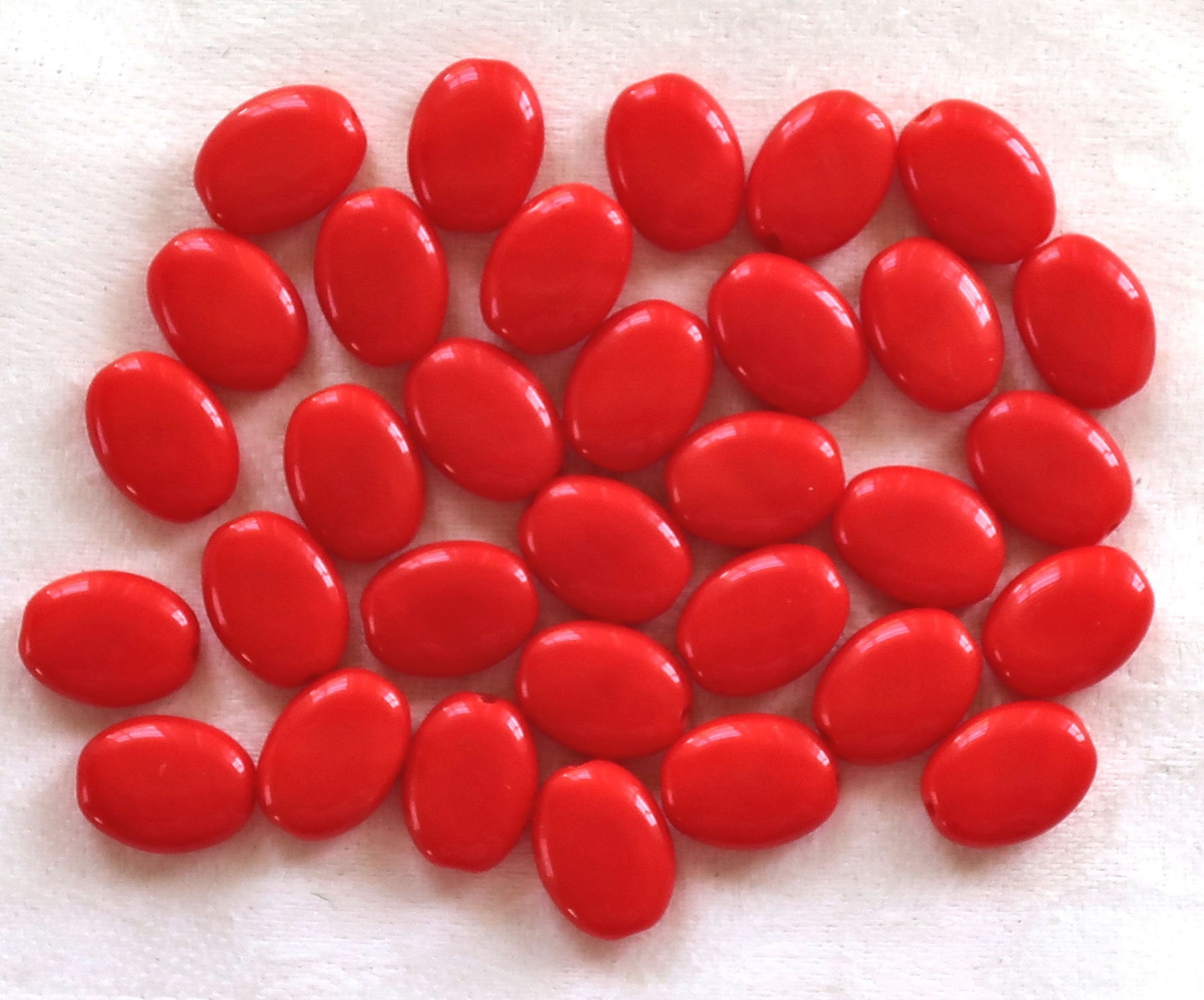 25 opaque bright red flat oval Czech Glass beads, 12mm x 9mm pressed glass beads C8625 - Glorious Glass Beads