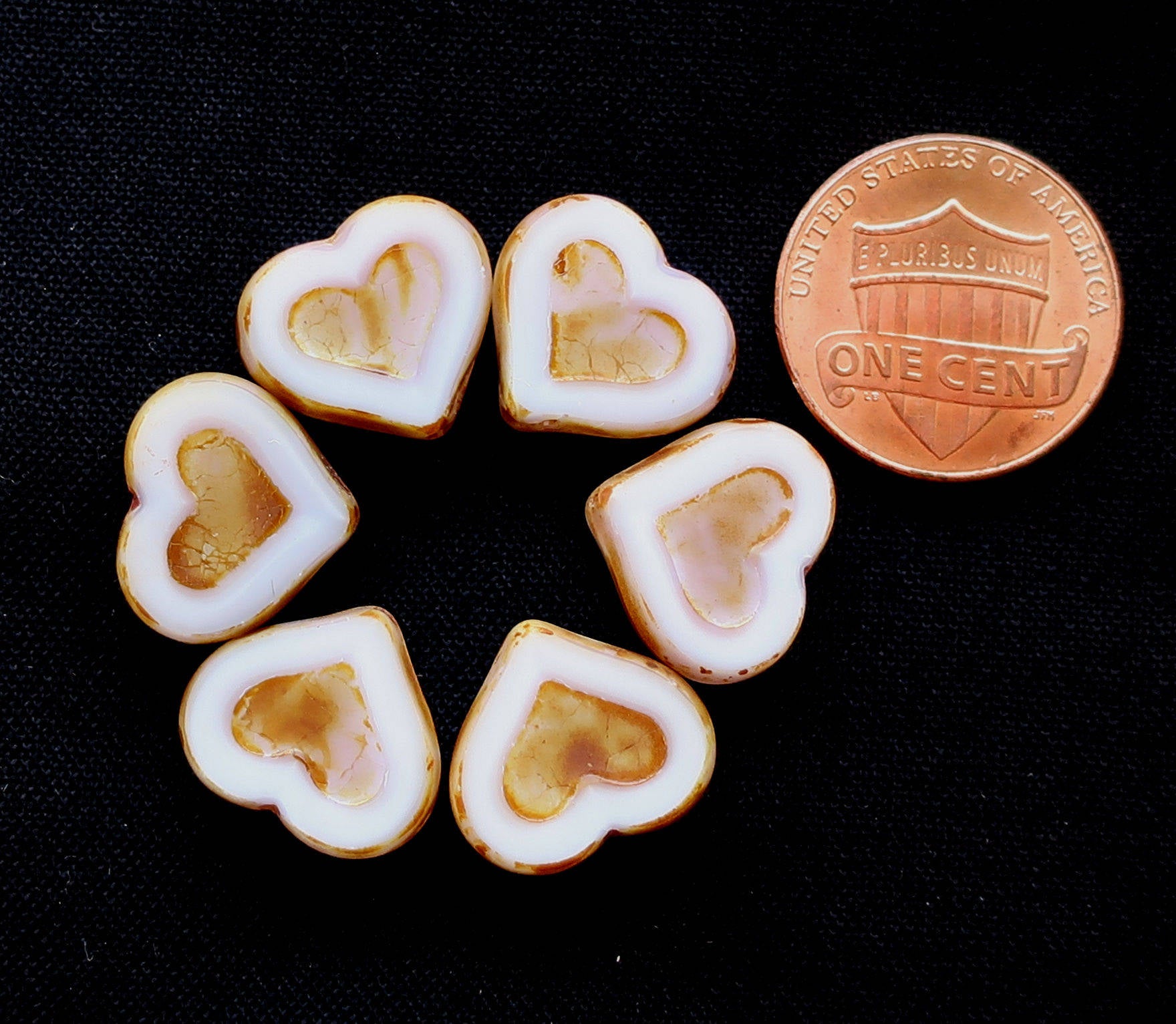 Six Czech glass heart beads; 14 x 12mm table cut, carved, opaque white glass hearts with a picasso finish C6906 - Glorious Glass Beads