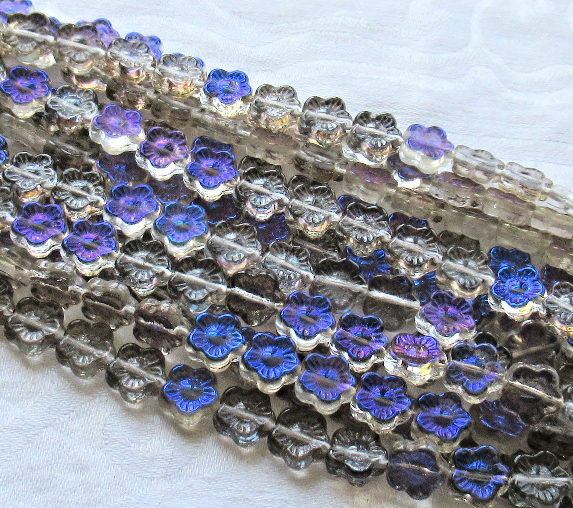 Lot of 25 10mm Crystal blue Iris luster Czech glass flower beads - pressed glass multicolor flower beads - C4801 - Glorious Glass Beads