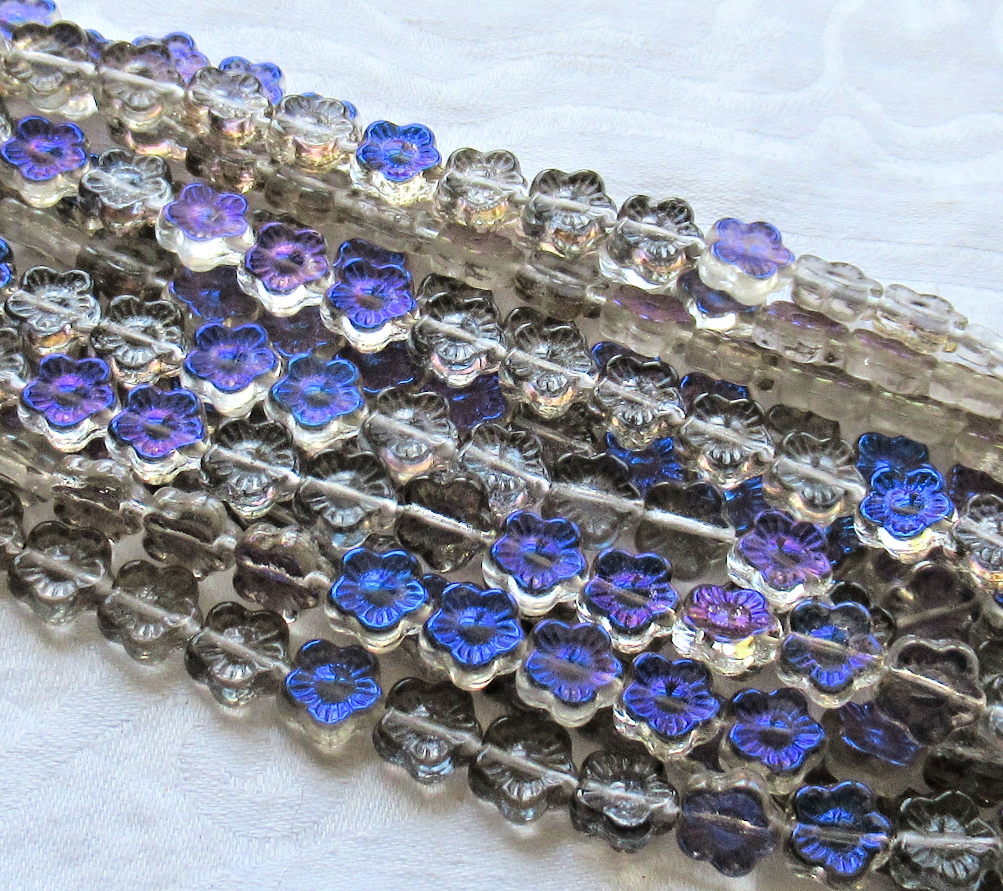 Lot of 25 10mm Crystal blue Iris luster Czech glass flower beads - pressed glass multicolor flower beads - C4801 - Glorious Glass Beads