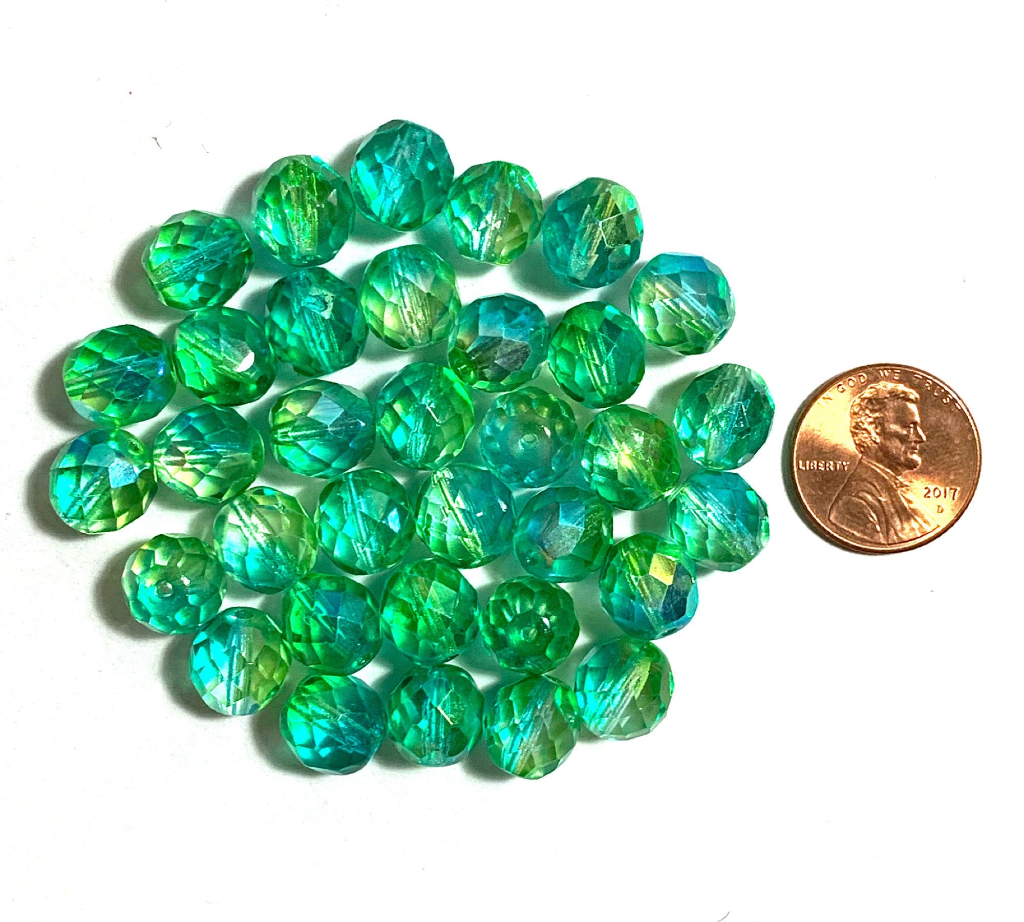 Twenty Czech glass fire polished faceted round beads - 10mm green AB color mix beads C0451