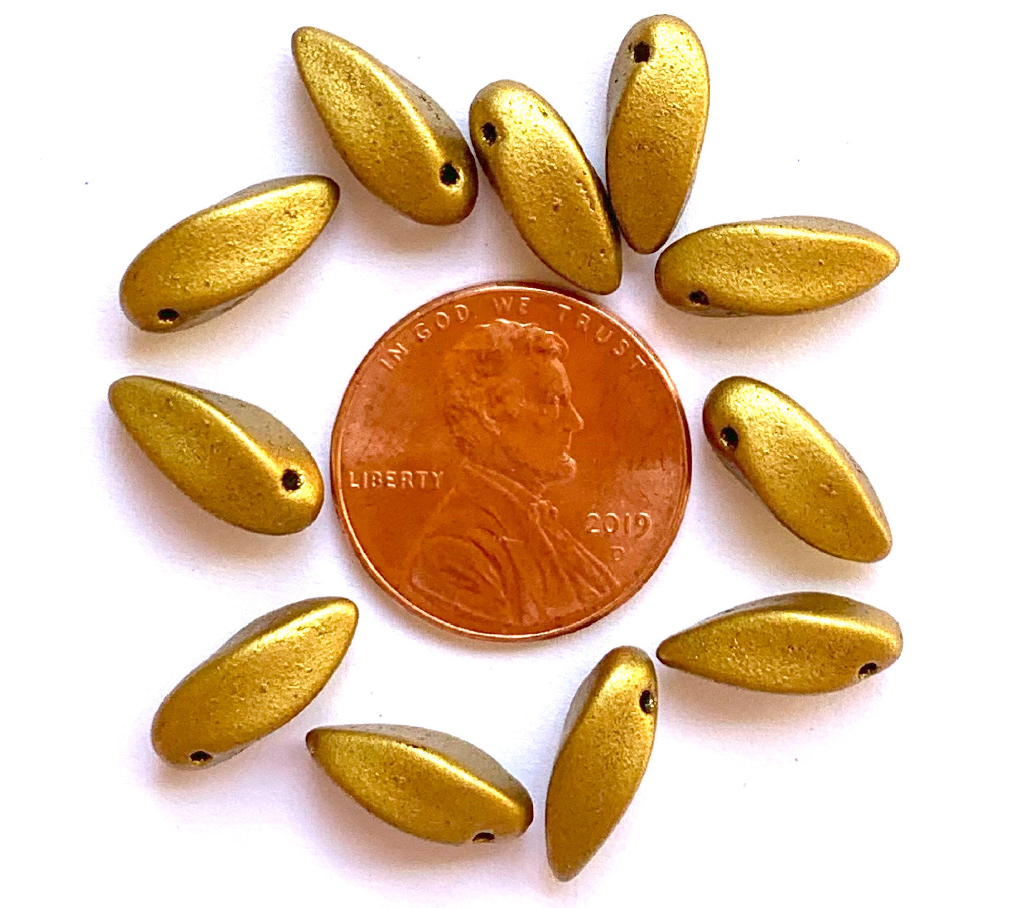 20 Czech glass twisted teardrop, petal or dagger beads - top drilled 6 x 12mm matte metallic gold pressed glass beads C0038