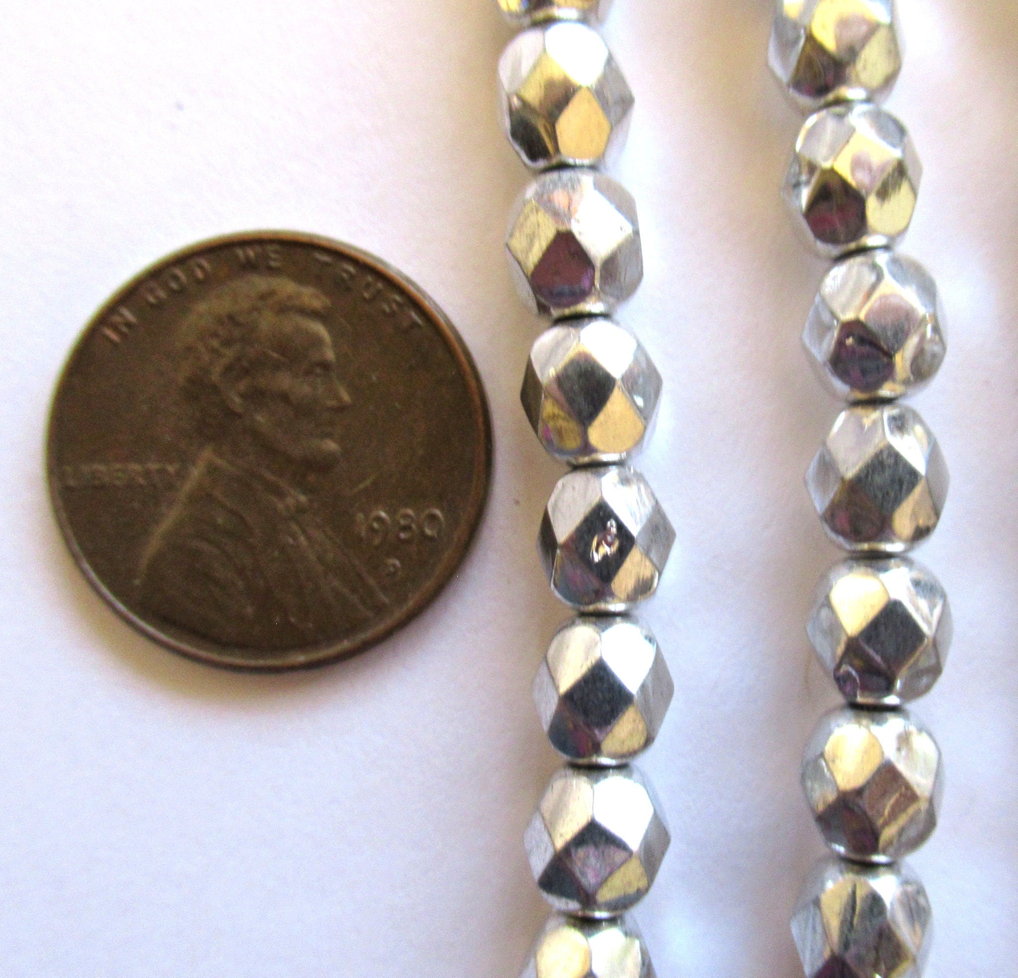 25 6mm metallic silver Czech glass beads - round, faceted fire polished beads C0055