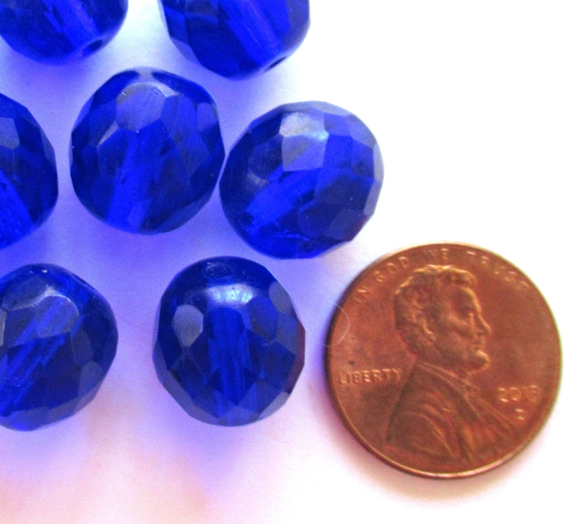 Ten large 12mm Czech glass beads - cobalt blue fire polished faceted round beads C0016
