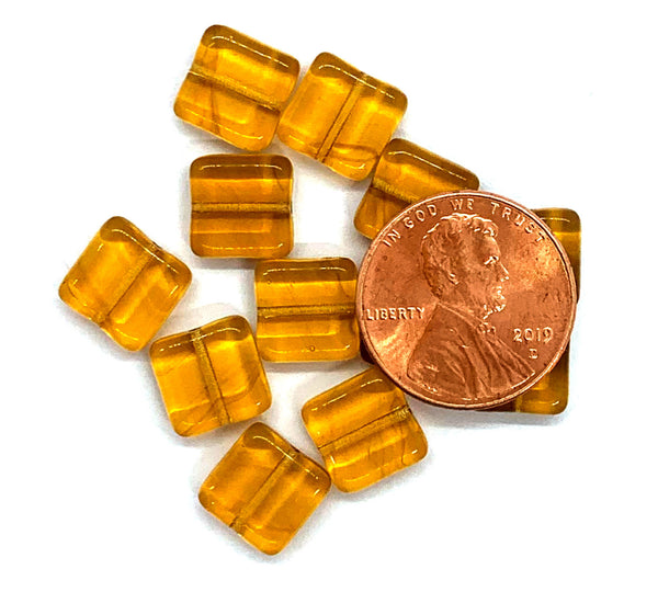 Twenty 9mm square Czech glass beads - transparent amber or topaz pressed glass beads C0076