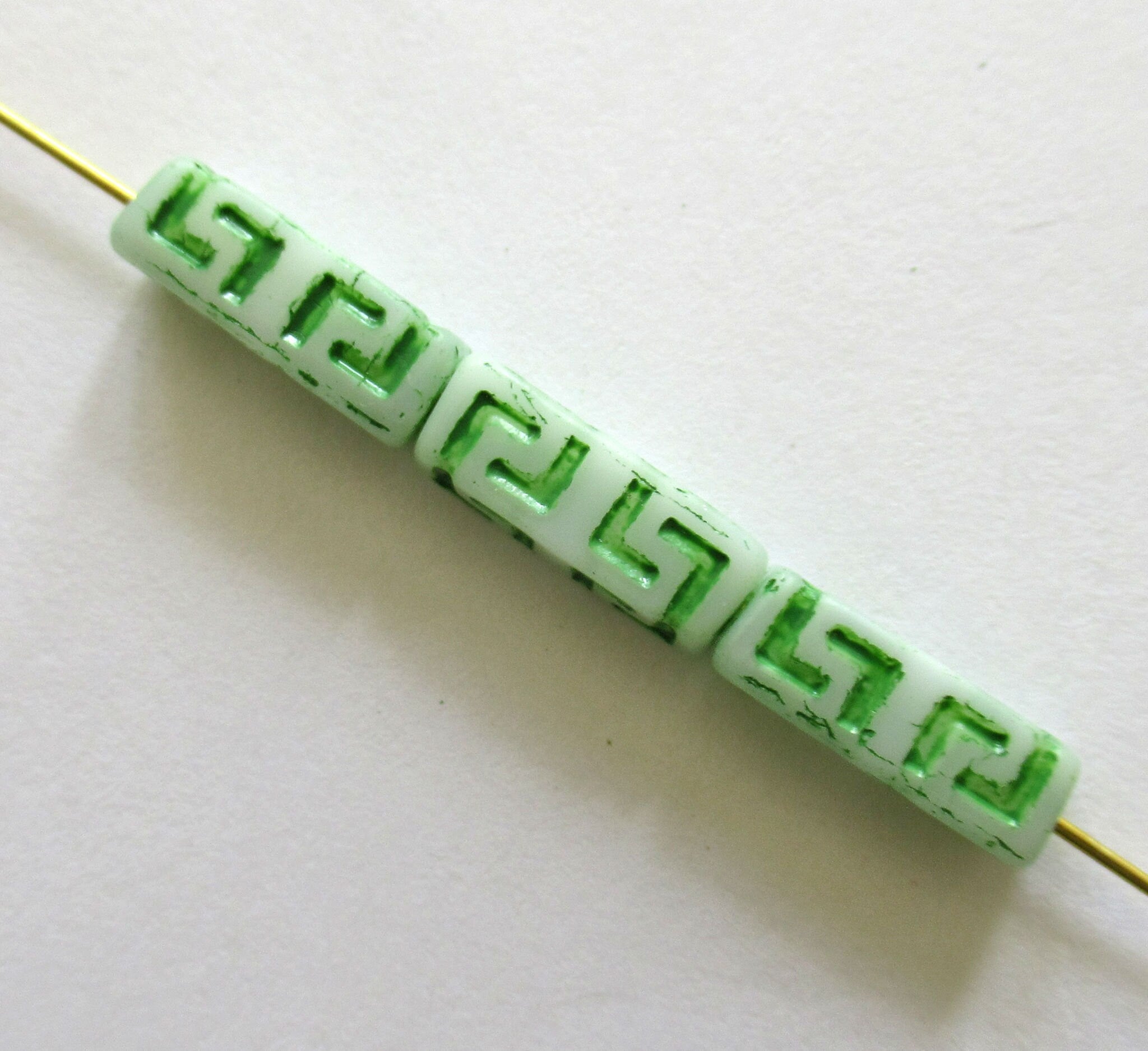 12 Czech glass beads - squared tube beads - Celtic block beads - white with a green wash - 15 x 5mm C0045