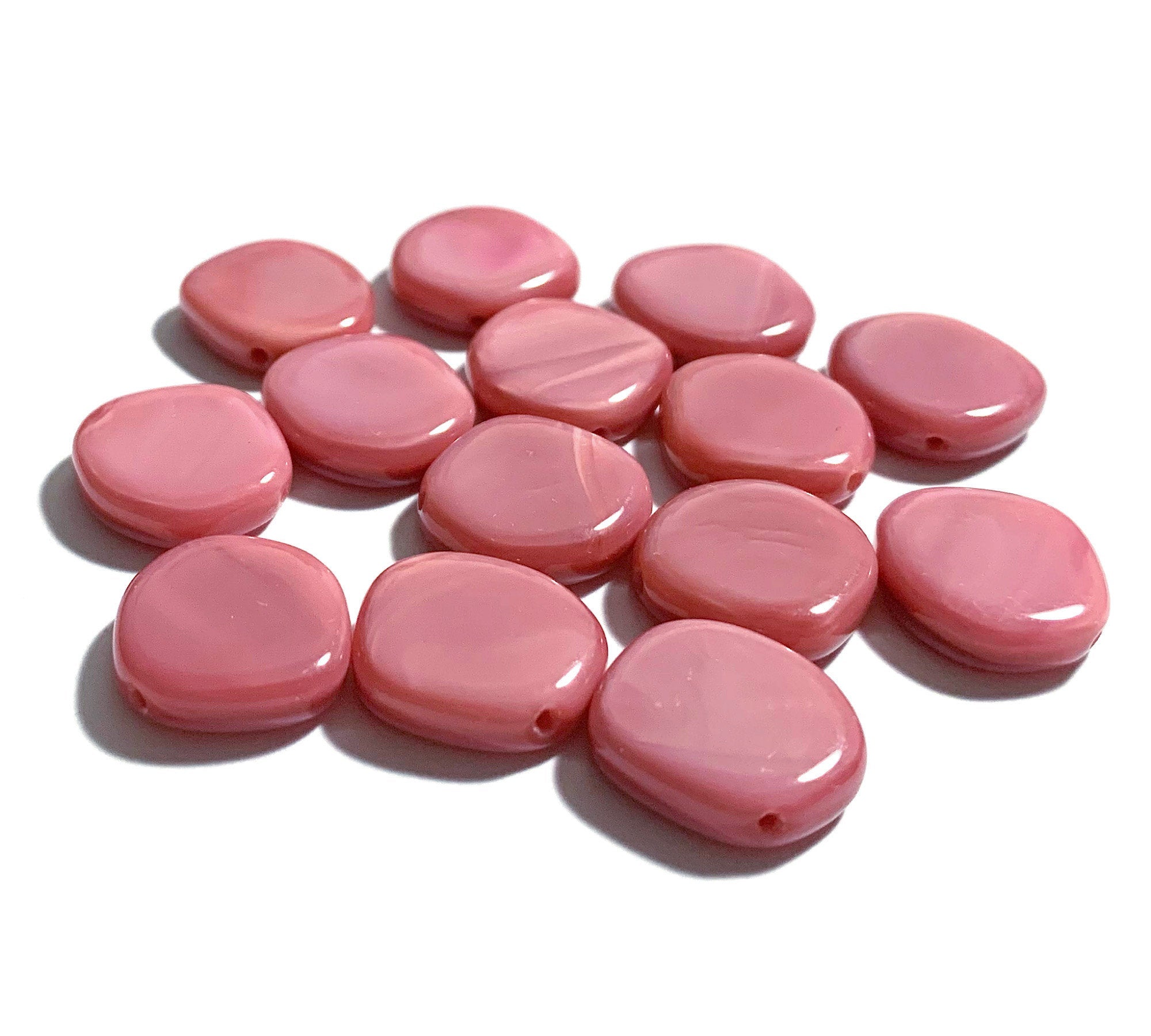 Ten 15mm Czech glass asymmetrical coin or disc beads - opaque pink silk beads - C0019