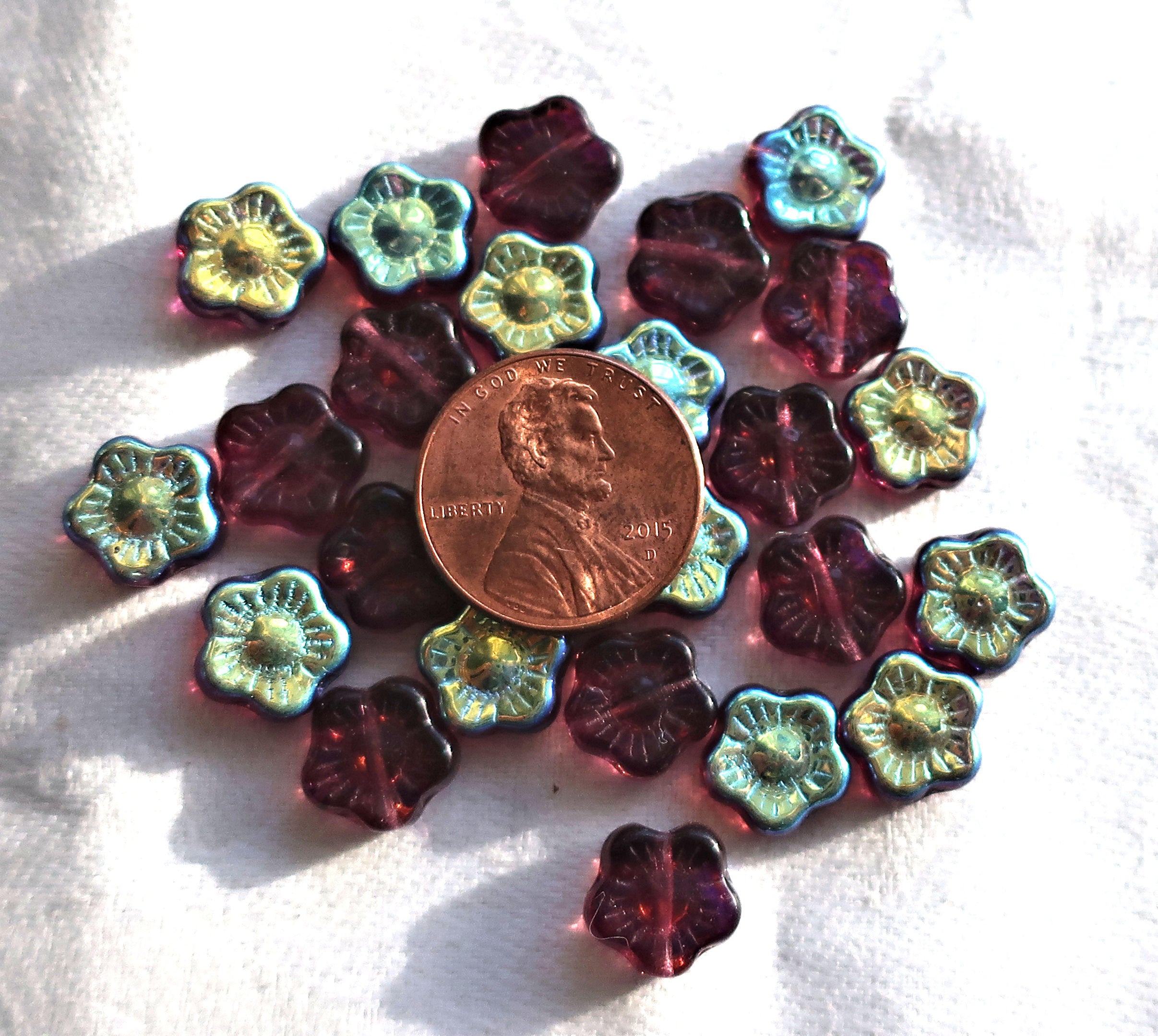 Lot of 25 10mm Dark Amethyst AB Czech glass flower beads, purple pressed glass flower beads, C6901 - Glorious Glass Beads