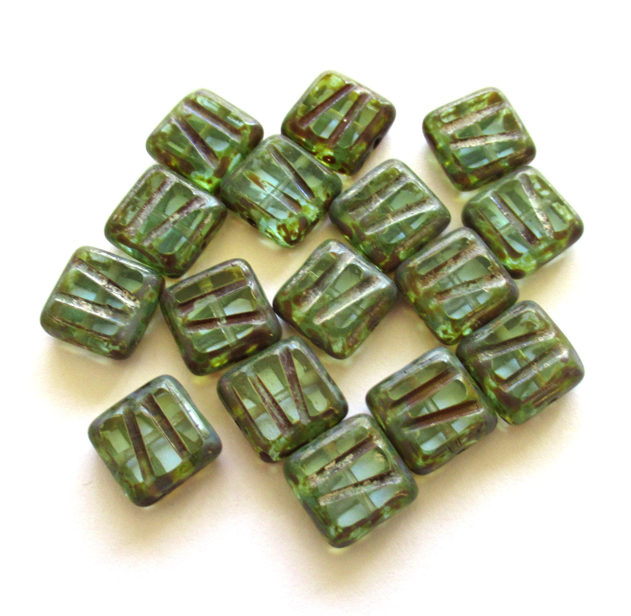 Lot of ten 10mm x 10mm square light aqua blue, carved, table cut, picasso Czech glass beads, striped square zebra beads C0019