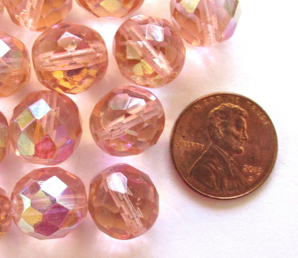 Ten Czech glass fire polished faceted round beads - 12mm rosaline pink AB beads C0049