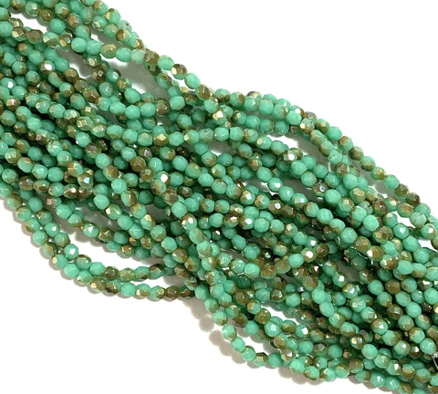 Lot of 50 3mm opaque turquoise green celsian Czech glass beads, round, faceted fire polished beads C0004