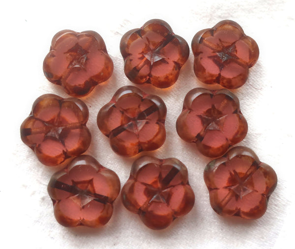 Five 14mm Czech glass flower beads, table cut, carved, transparent pink picasso flowers, C59105