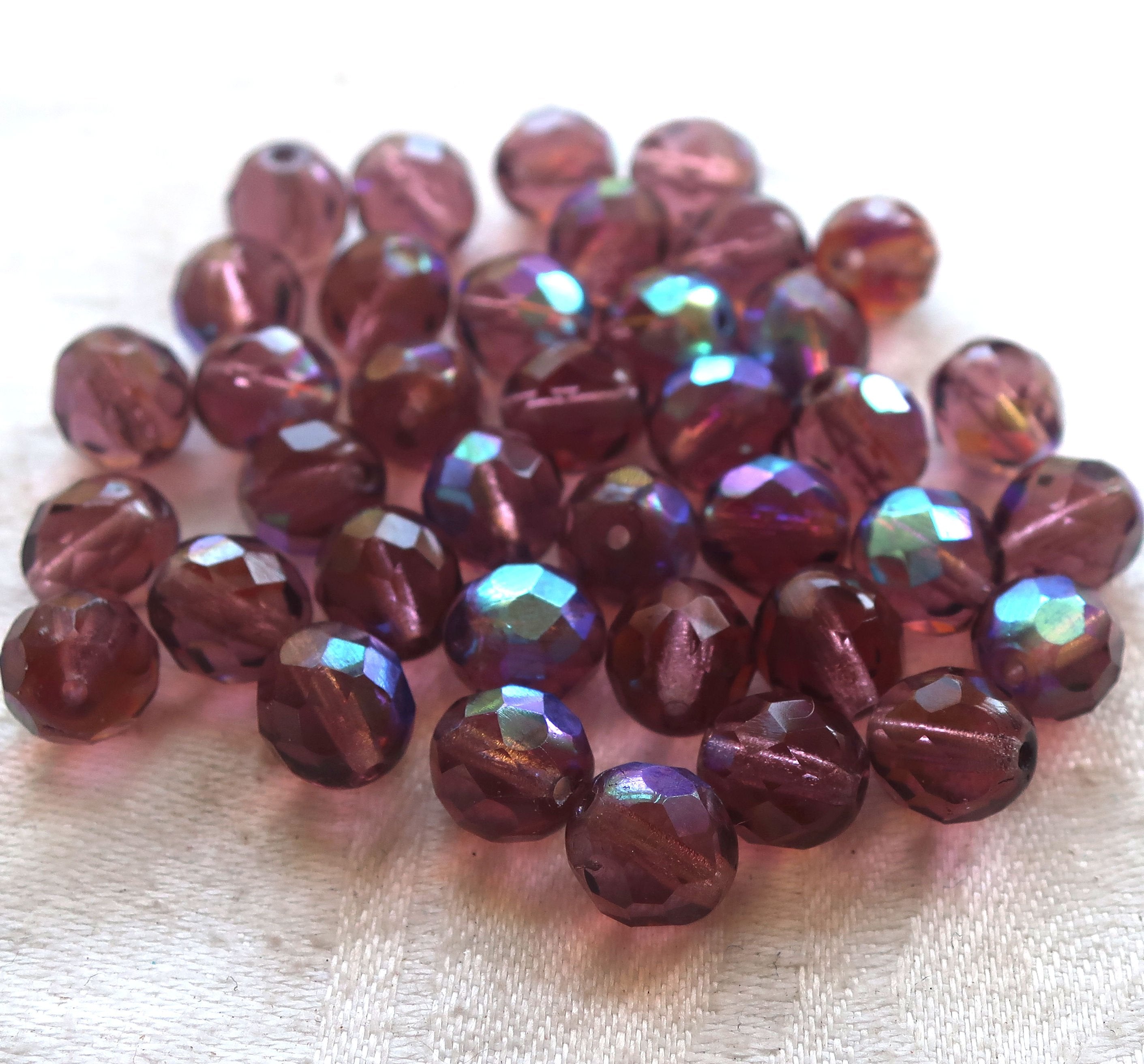 Lot of 25 8mm Medium Amethyst, Purple AB Czech glass beads, firepolished faceted round glass beads C1650 - Glorious Glass Beads