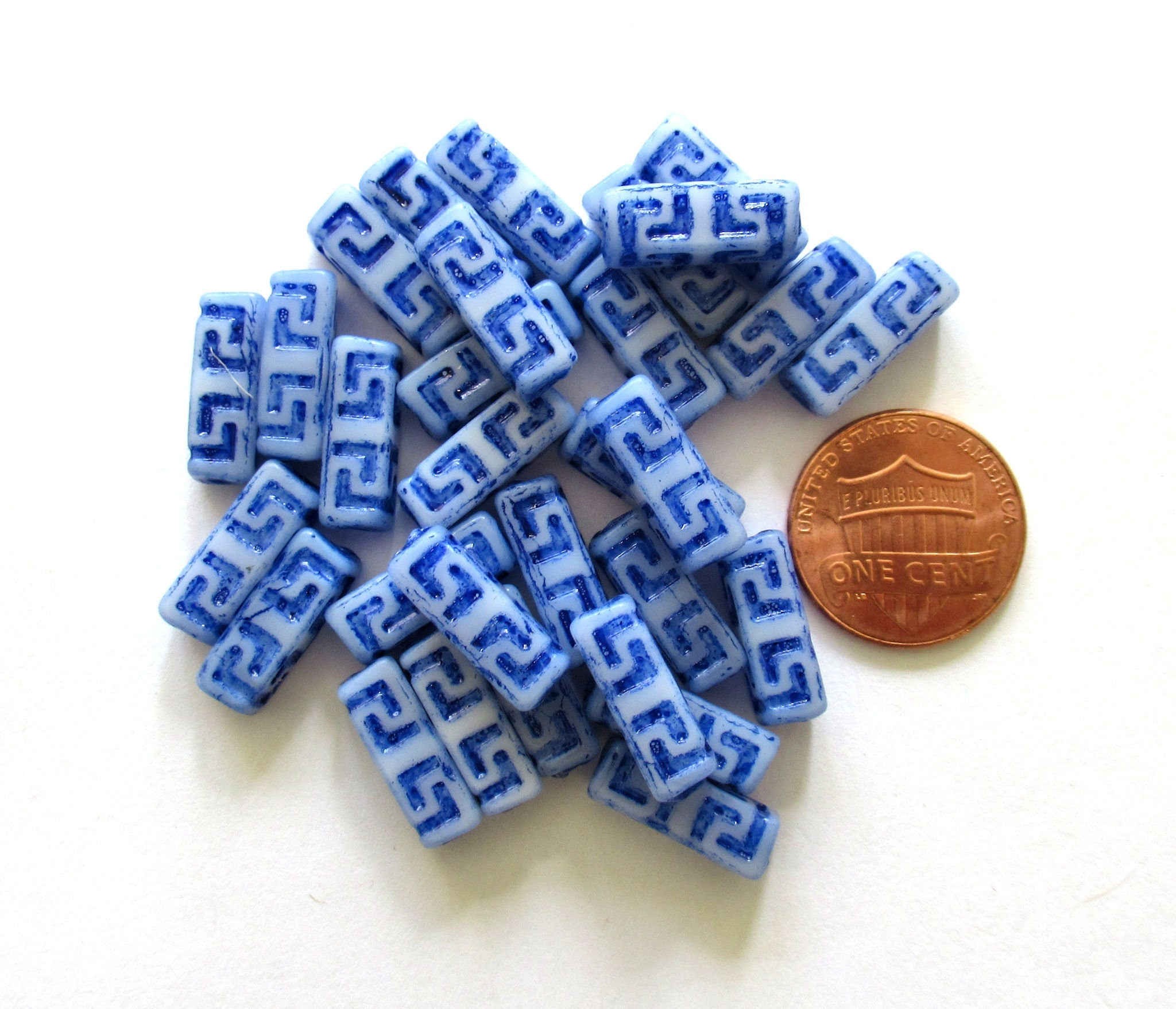 12 Czech glass beads - squared tube beads - Celtic block beads - white with a blue wash - 15 x 5mm C0045