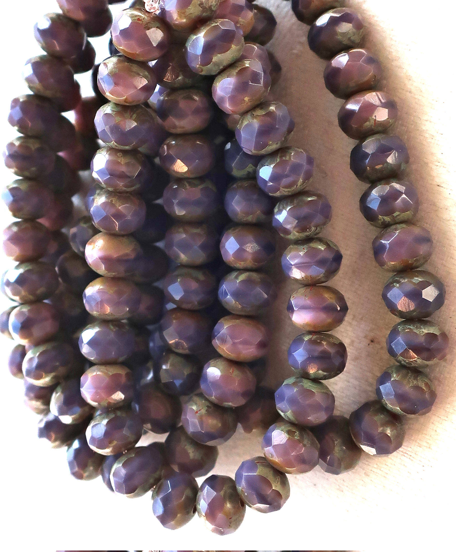 25 Czech glass faceted puffy rondelle beads, 5 x 7mm opaque purple, amethyst with pink mix, & picasso finish rondelles C00201