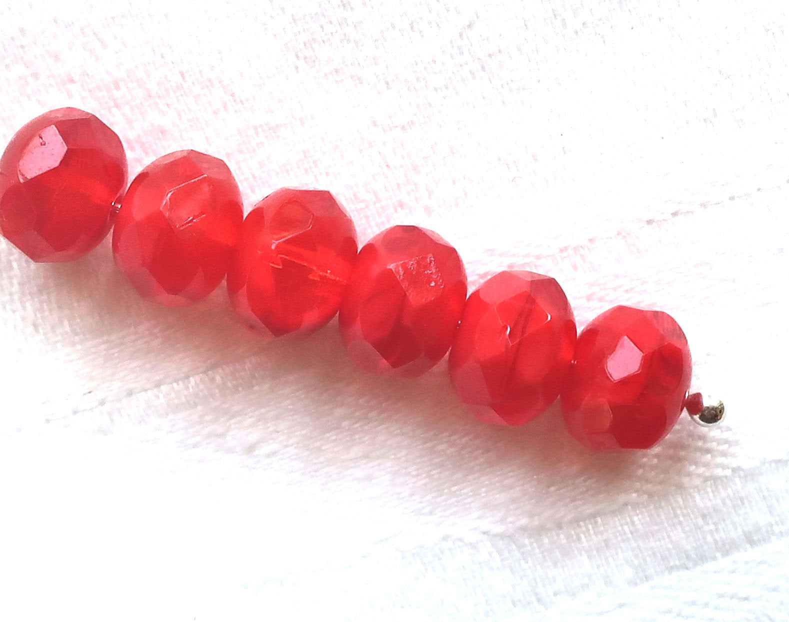 25 faceted red Czech glass puffy rondelle beads, opaque and translucent bright red marbled rondelles, sale price 03101 - Glorious Glass Beads