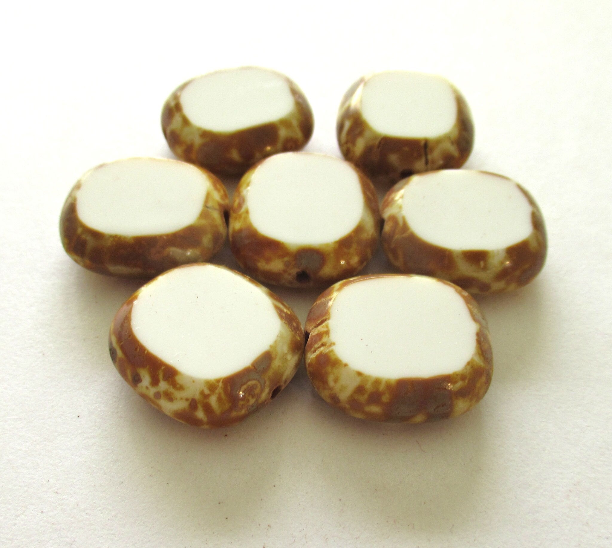 Six large Cech glass oval beads - 17 x 15mm thick chunky table cut opaque white picasso beads - C00081