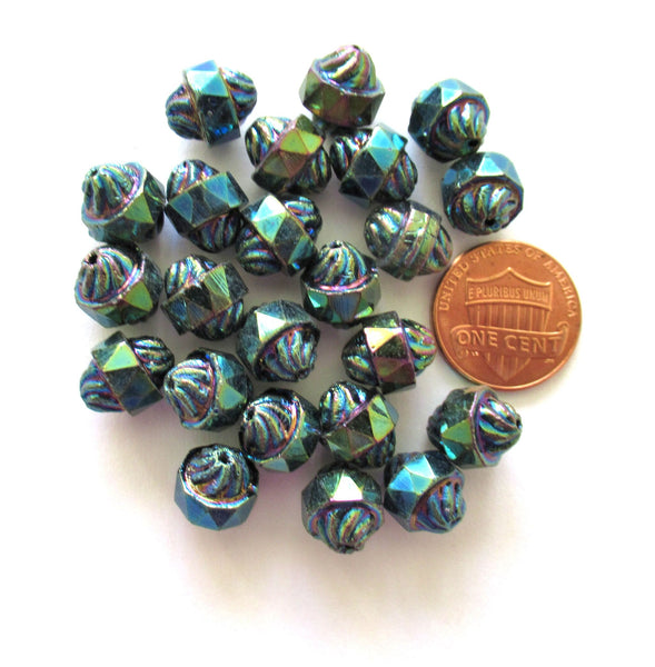 Ten Czech glass turbine, cathedral, saturn beads - iridescent green iris 11 x 10mm beads - C5901