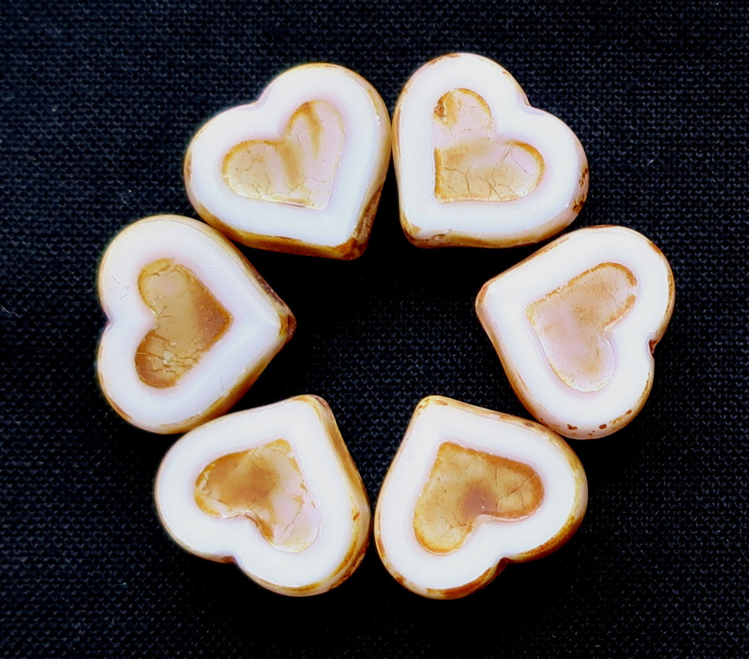 Six Czech glass heart beads; 14 x 12mm table cut, carved, opaque white glass hearts with a picasso finish C6906 - Glorious Glass Beads