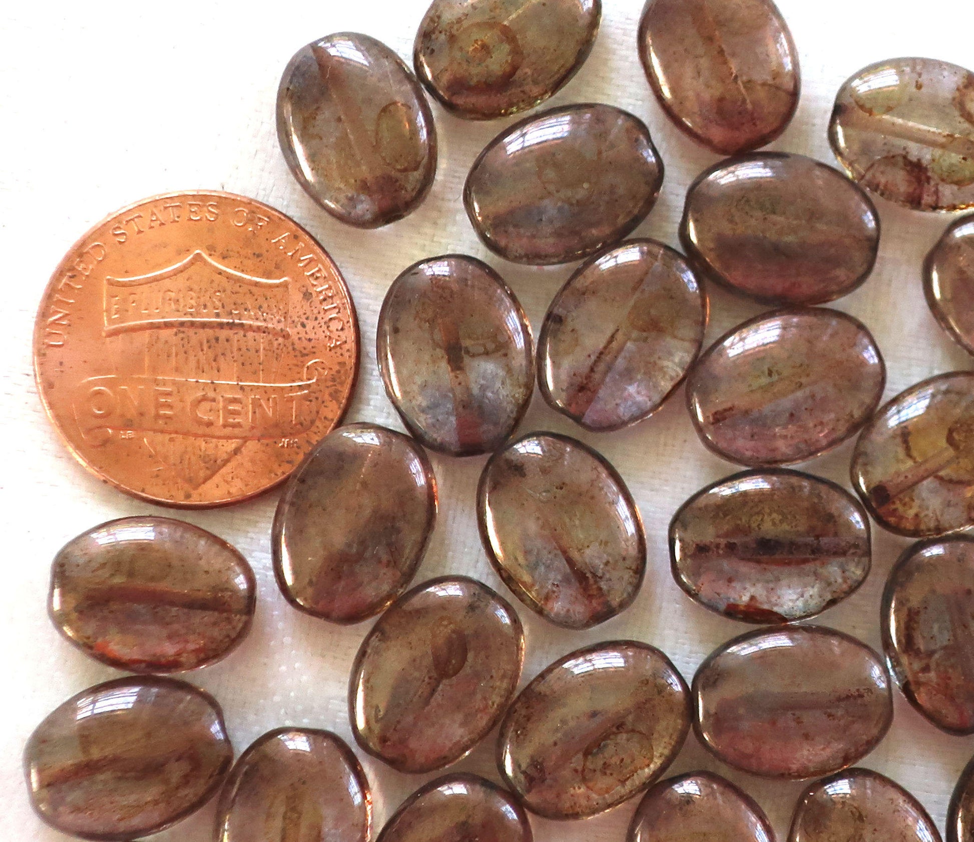 25 Lumi Brown flat oval Czech Glass beads, 12mm x 9mm pressed glass beads C9725 - Glorious Glass Beads