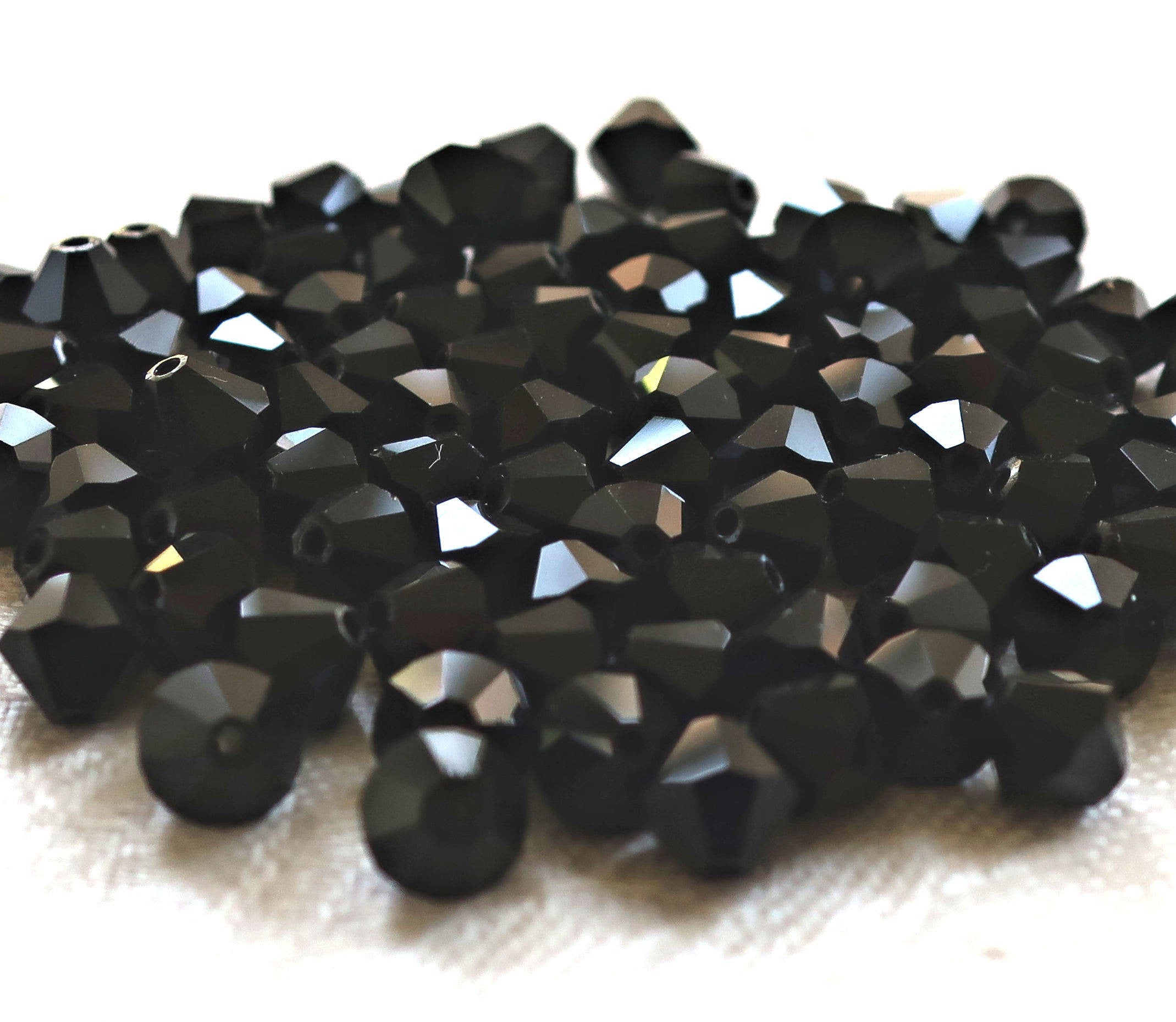 Lot of 24 6mm Czech opaque Jet Black glass faceted bicone beads, Preciosa Crystal black bicones 4801 - Glorious Glass Beads