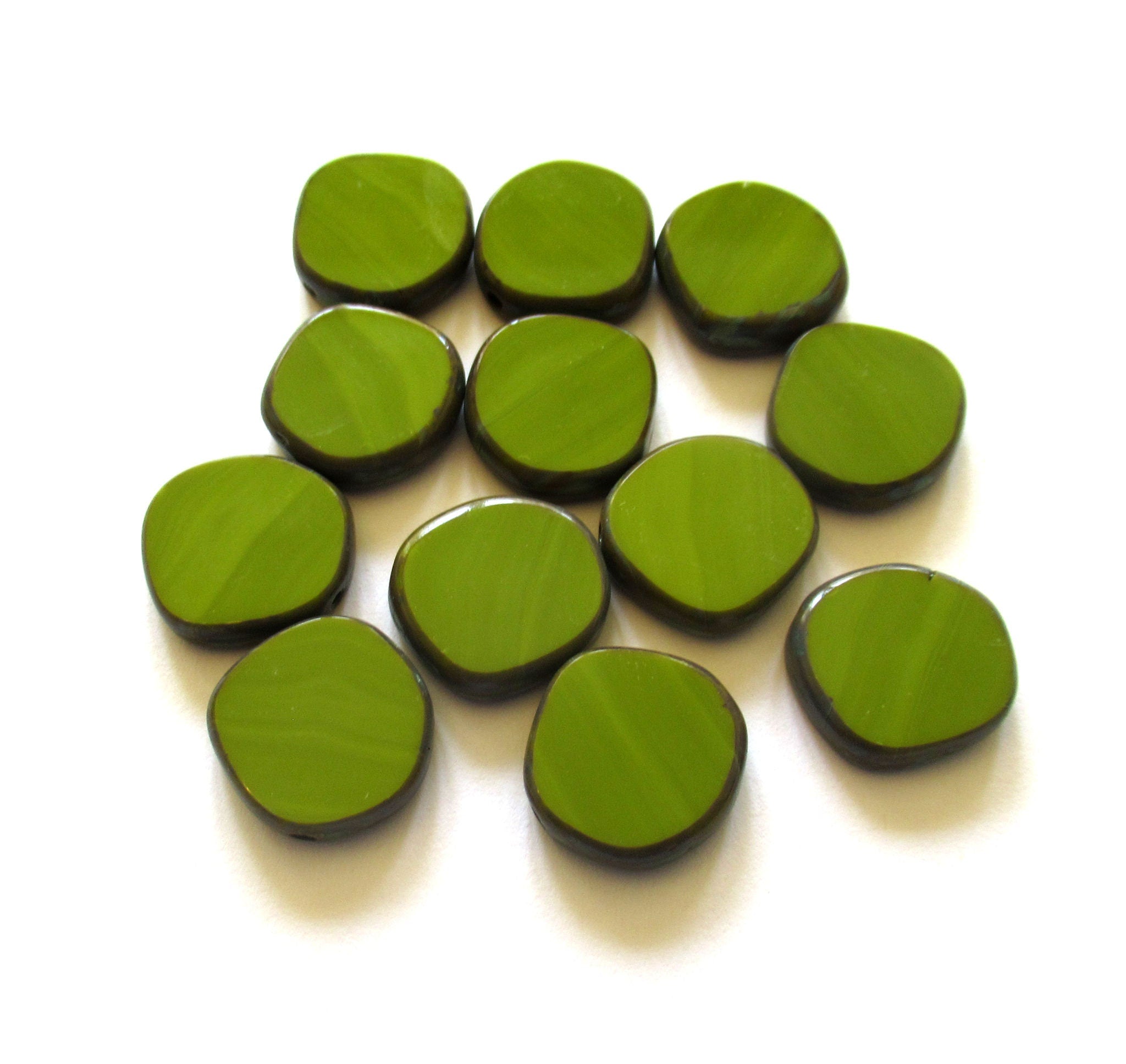 Six 15mm Czech glass asymmetrical coin or disc beads - opaque avocado green silk picasso table cut beads - C00201
