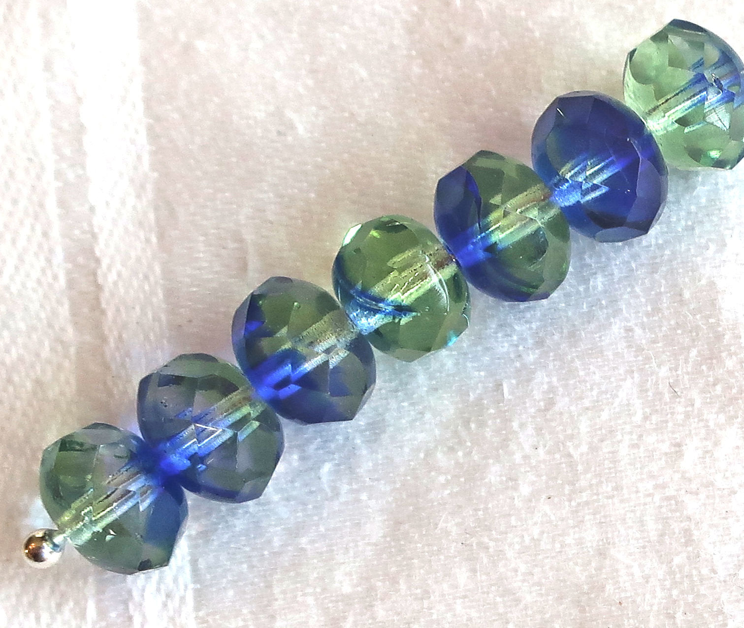 25 faceted Czech glass puffy rondelle beads, 8 x 6mm transparent mint green and sapphire blue mix, rondelles on sale 0901 - Glorious Glass Beads