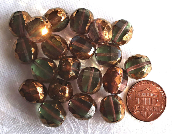 Five large chunky Olivine, Green & Purple, Czech glass beads, 12 x 13mm, firepolished, faceted, two way table cut, bronze finish C03301 - Glorious Glass Beads