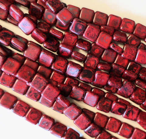 Lot of 25 9mm one hole flat square Czech glass beads - opaque red with a full coat black picasso finish - earthy rustic beads C5801 - Glorious Glass Beads