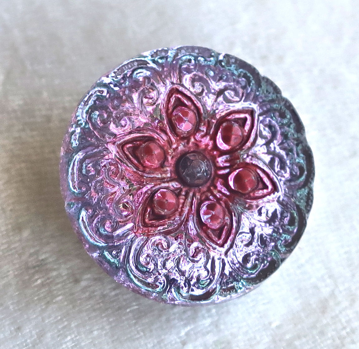 One 18mm Czech glass button, light sapphire blue and pink patterened decorative shank buttons 05201 - Glorious Glass Beads