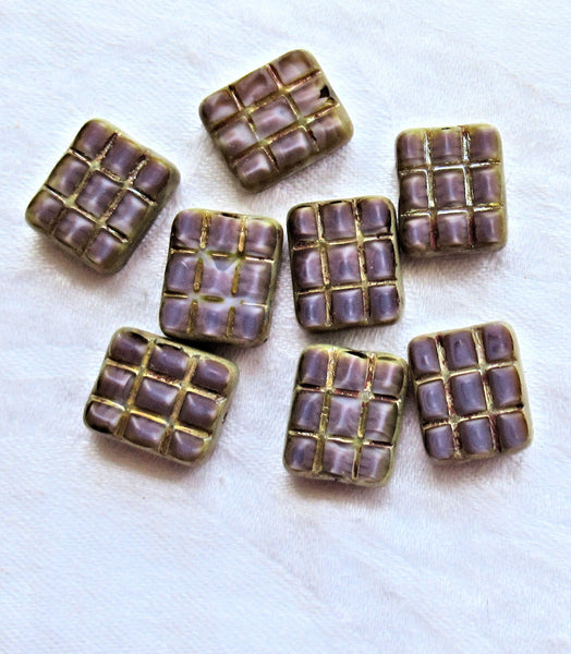 Five large rectangular, square, Czech glass beads - table cut silky purple carved rectangle beads w/ silver picasso accents - 15 x 13mm C163101