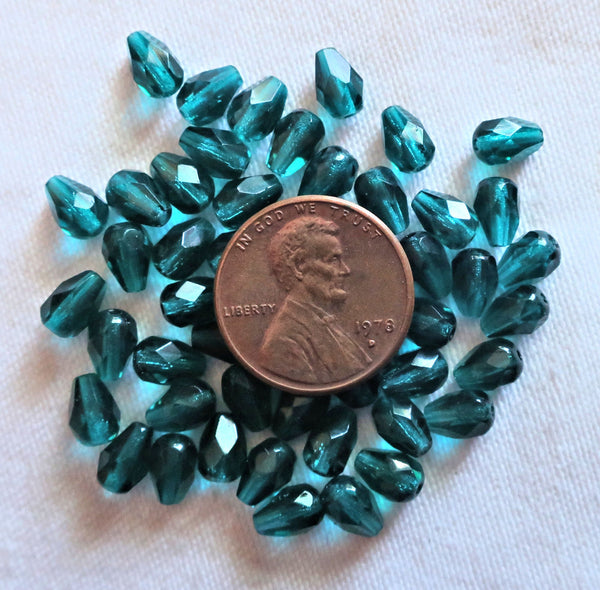 Lot of 25 6mm Czech glass blue green drop beads - teardrop shaped blue zircon / teal firepolished faceted beads C5701