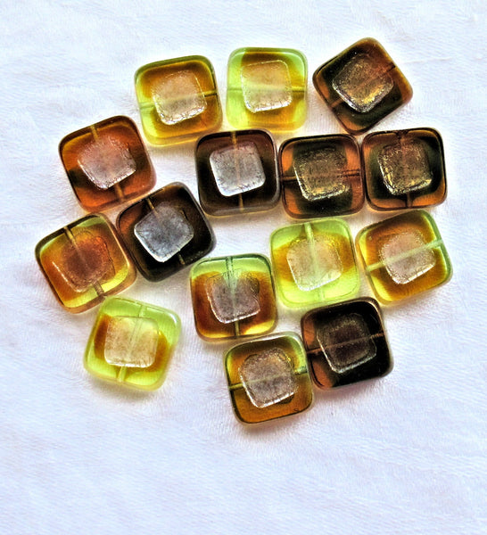 Ten large Czech glass square beads - amber / topaz / jonquil / yellow mix - 14 x 14mm table cut, carved, chunky, rustic, earthy beads C05201
